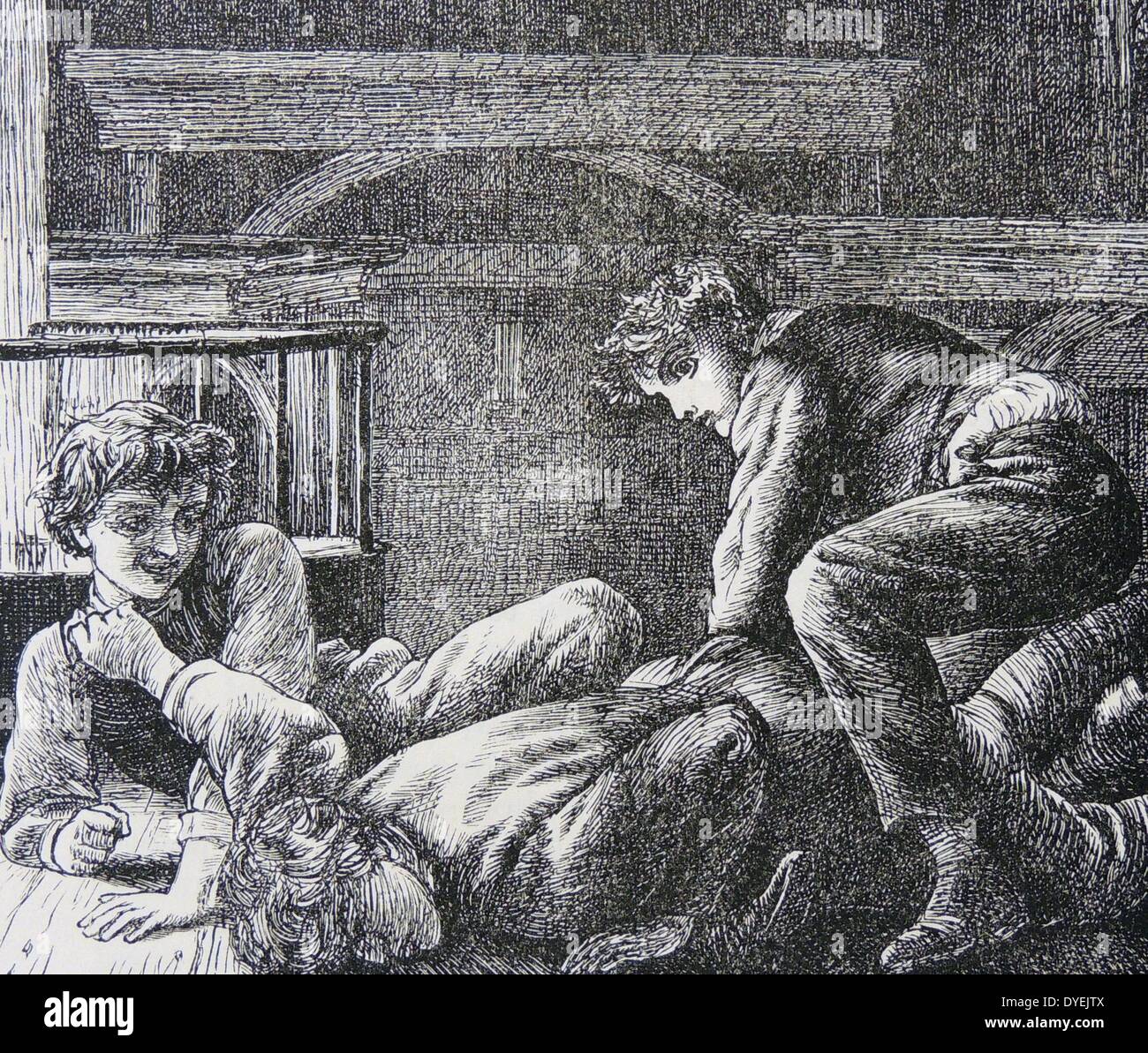 Tom et à l'Est vaincre Flashman le despote. Illustration par Arthur Hughes pour l'édition 1869 de ''Tom Brown's l'Ecole par Thomas Hughes. Édition originale de 1857. Banque D'Images