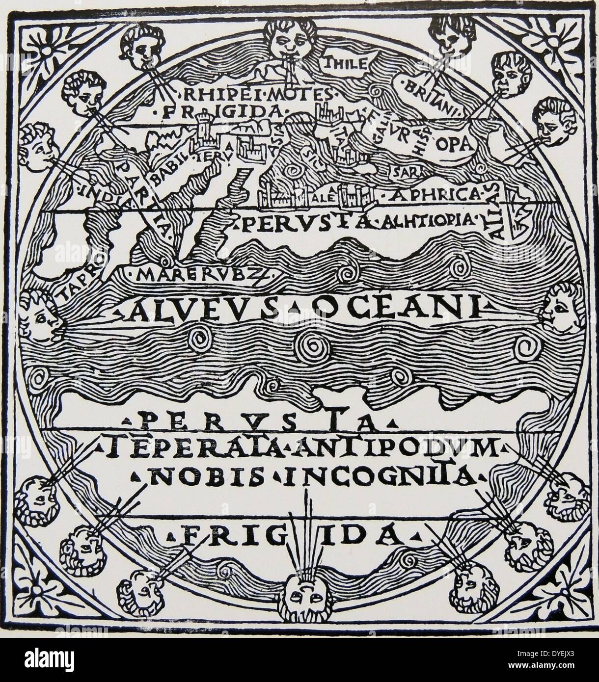 Plan de l'étendue du monde connu en grec. À partir d'une gravure sur bois du xvie siècle. Banque D'Images
