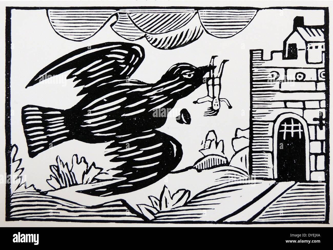 La célèbre histoire de l 'Tom Thumb'' Tom emportée à King Arthur's court par un corbeau. Fin du dix-huitième siècle gravure sur bois. Banque D'Images