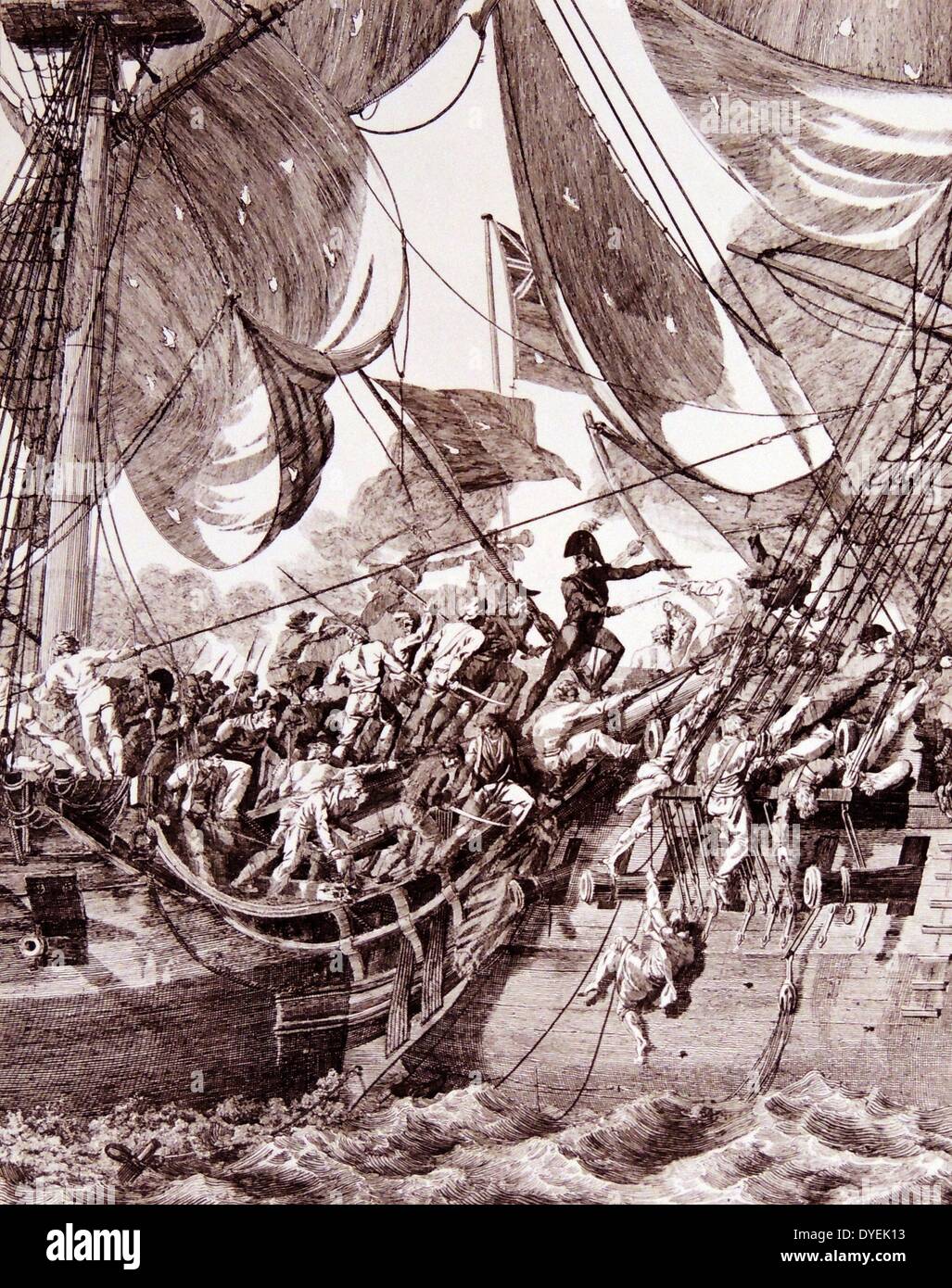 La Glorieuse Première de juin (également connu sous le nom de troisième bataille d'Ouessant, et en France comme la bataille du 13 prairial) de 1794 a été la première et la plus importante flotte de la marine d'action conflit entre le Royaume de Grande-Bretagne et la Première République française pendant les guerres de la Révolution française.Dans ce photo HMS Brunswick tourné et a tenté de traverser l'arrière du Vengeur et du Nouveau-Brunswick et Vengeur en collision Banque D'Images