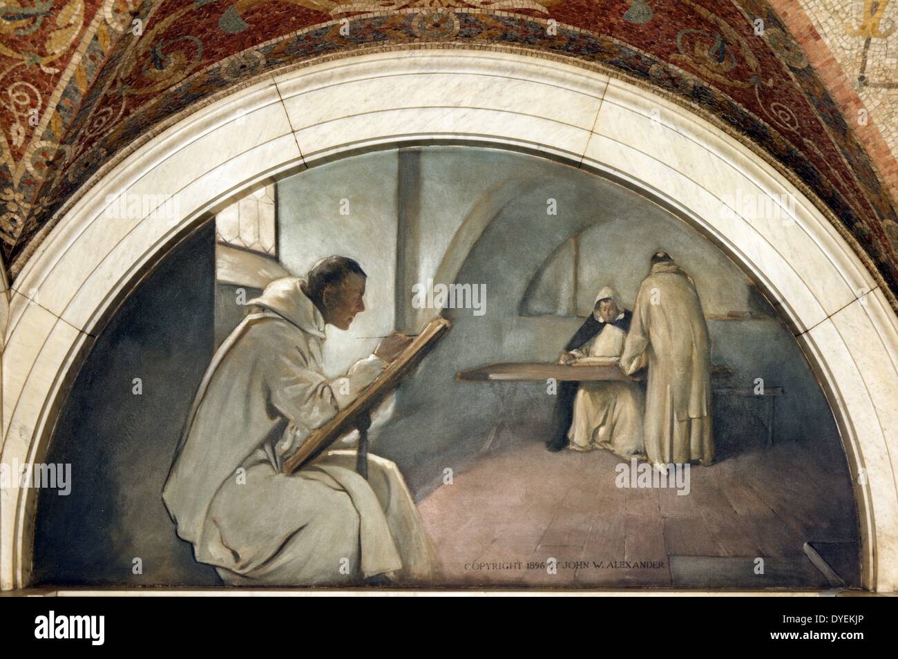 Livre manuscrit murale dans l'évolution de la série de livres, John W. Alexander. Bibliothèque du Congrès américain Thomas Jefferson Building, Washington, D.C.par John Alexander, 1856-1915 , artiste murale. c1896. Photo d'une partie d'une fresque en six parties sur l'histoire du livre ; après la conservation de la murale. Représente un moine illustrant un manuscrit, avec deux moines en arrière-plan. Entre 1890 et 1900. Banque D'Images