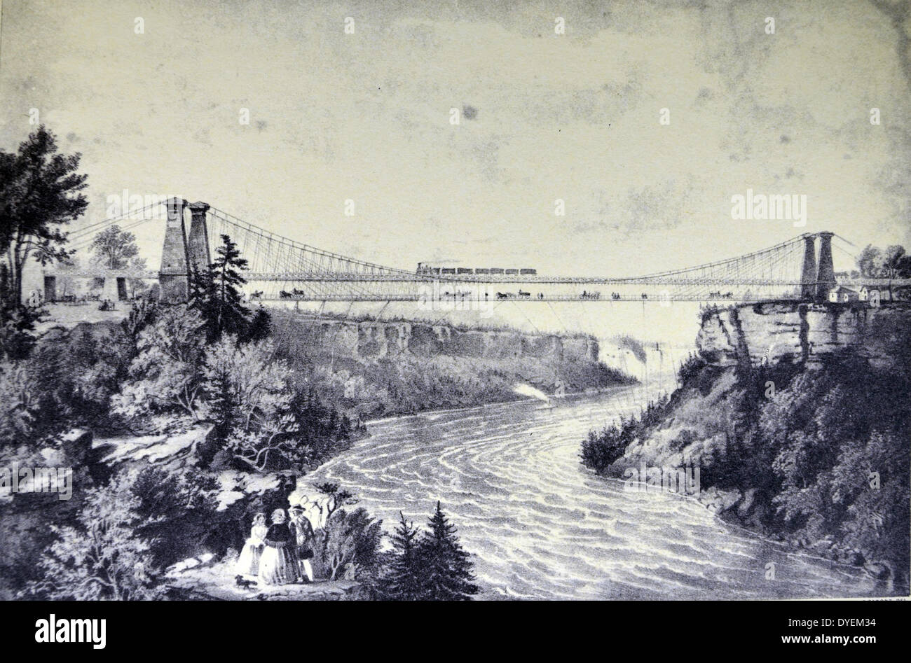 Currier & Ives Illustration du xixe siècle. Le Rail Route Suspension Bridge, près de Niagara Falls. Banque D'Images