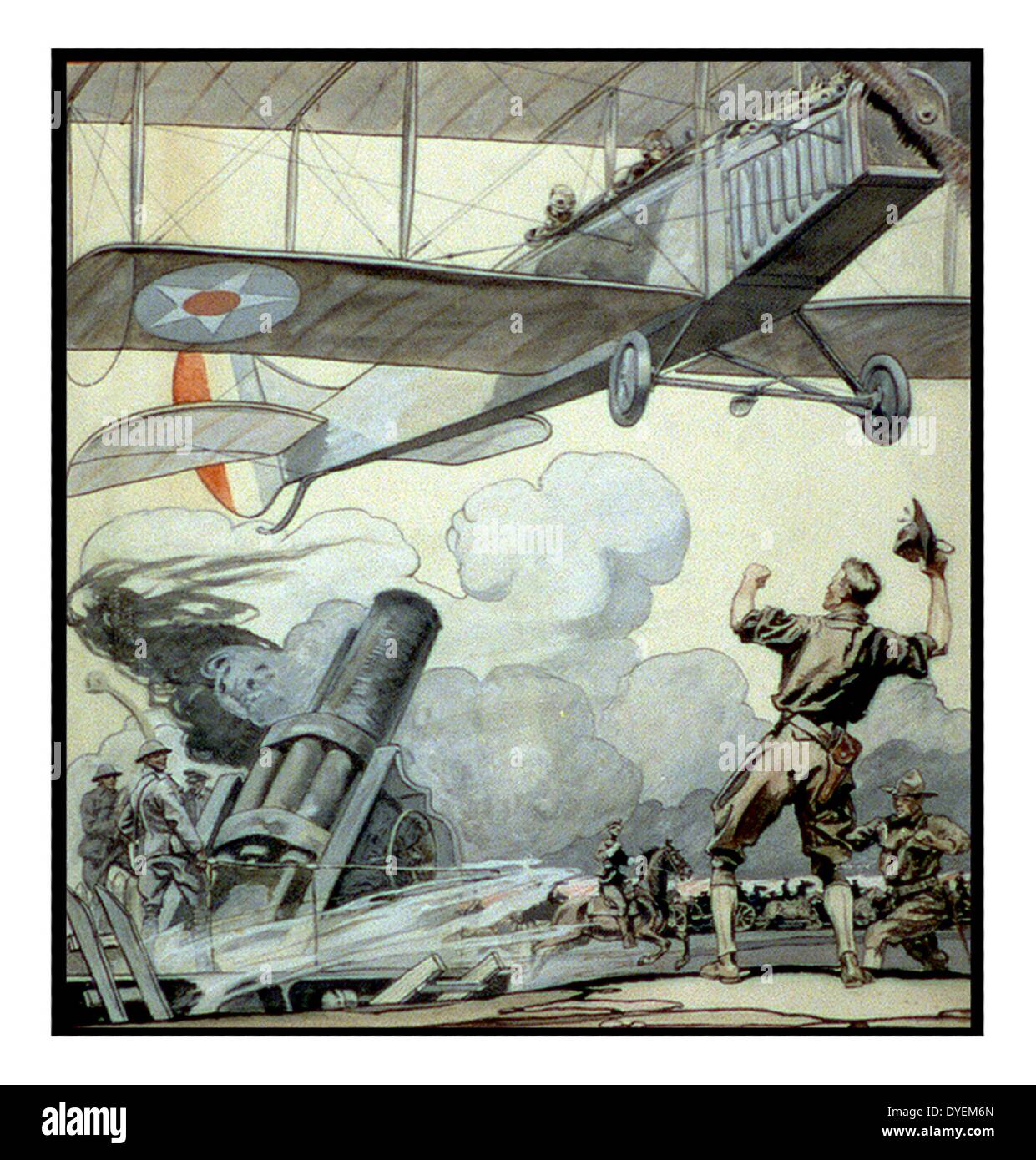 La Première Guerre mondiale, illustration avion, des pièces d'artillerie, et les soldats par Edward Penfield 1866-1925, l'artiste publié en 1917. Banque D'Images