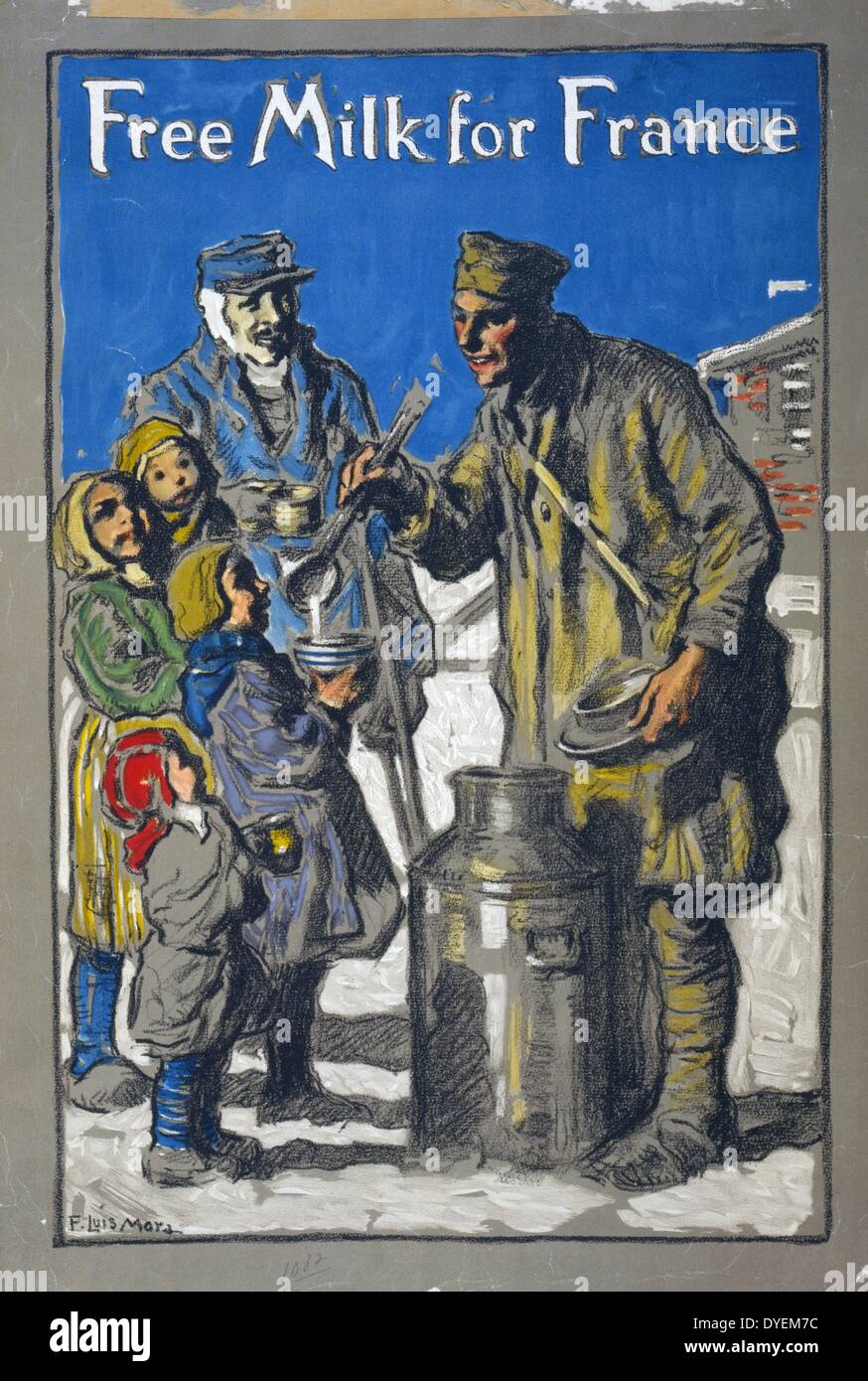 Gratuitement du lait pour la France. La première guerre mondiale poster par Francis Luis Mora, 1874-1940, l'artiste. [1918]. Affiche montrant un soldat louche de lait pour les enfants. Banque D'Images