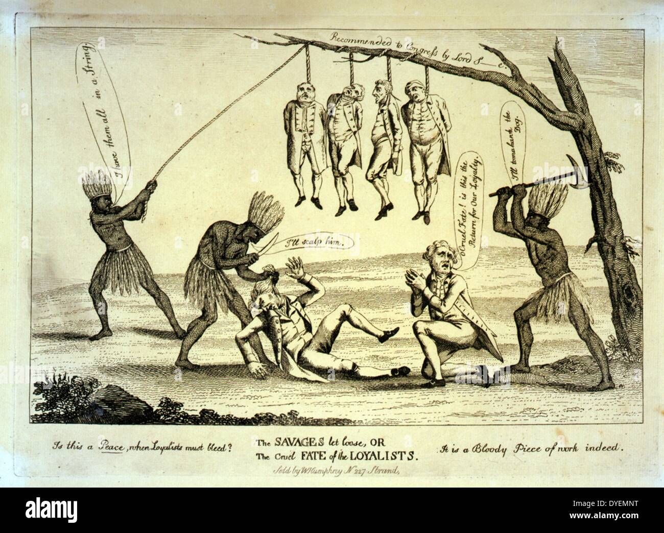 Trois Autochtones, représentant l'Amérique, pendaison quatre loyalistes et torturer les deux autres. Banque D'Images