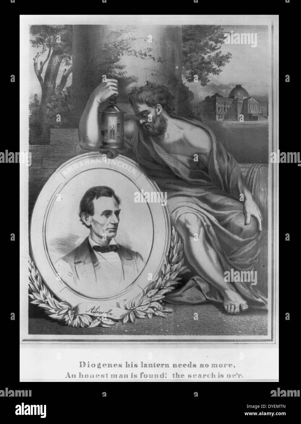 Diogène sa lanterne n'a pas besoin de plus, un honnête homme est trouvé ! La recherche est oe'r le philosophe grec Diogène est représenté à côté d'un portrait du président Abraham Lincoln. circa 1860-1865 Banque D'Images
