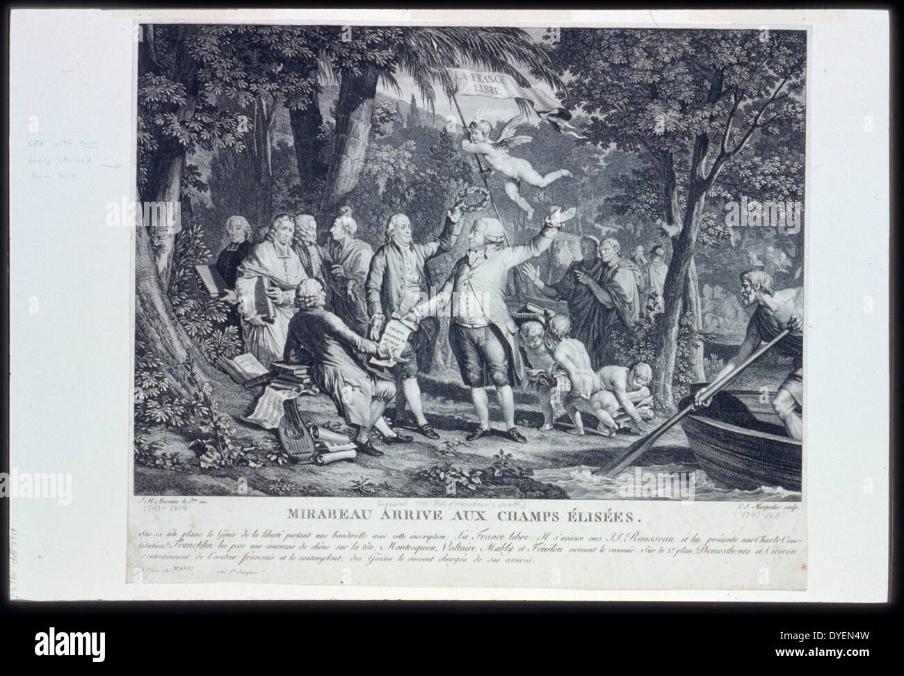 Mirabeau arriver aux Champs Élisées par Masquelier, Joseph Louis, 1741-1811, graveur. 1791. gravure sur papier vélin blanc cassé ; impression montre Mirabeau au centre d'arriver au Champs Élisées où il remet une copie de la Constitution française à J.J. Rousseau comme Benjamin Franklin arrive à placer une couronne sur sa tête ; à gauche, en arrière-plan, Fénelon, Voltaire, Montesquieu et Mably venir pour l'accueillir, et dans l'arrière-plan droit, Démosthène et Cicéron parlons ensemble, à l'extrême droite, Charon utilise une rame pour pousser son bateau au large de la côte. Banque D'Images