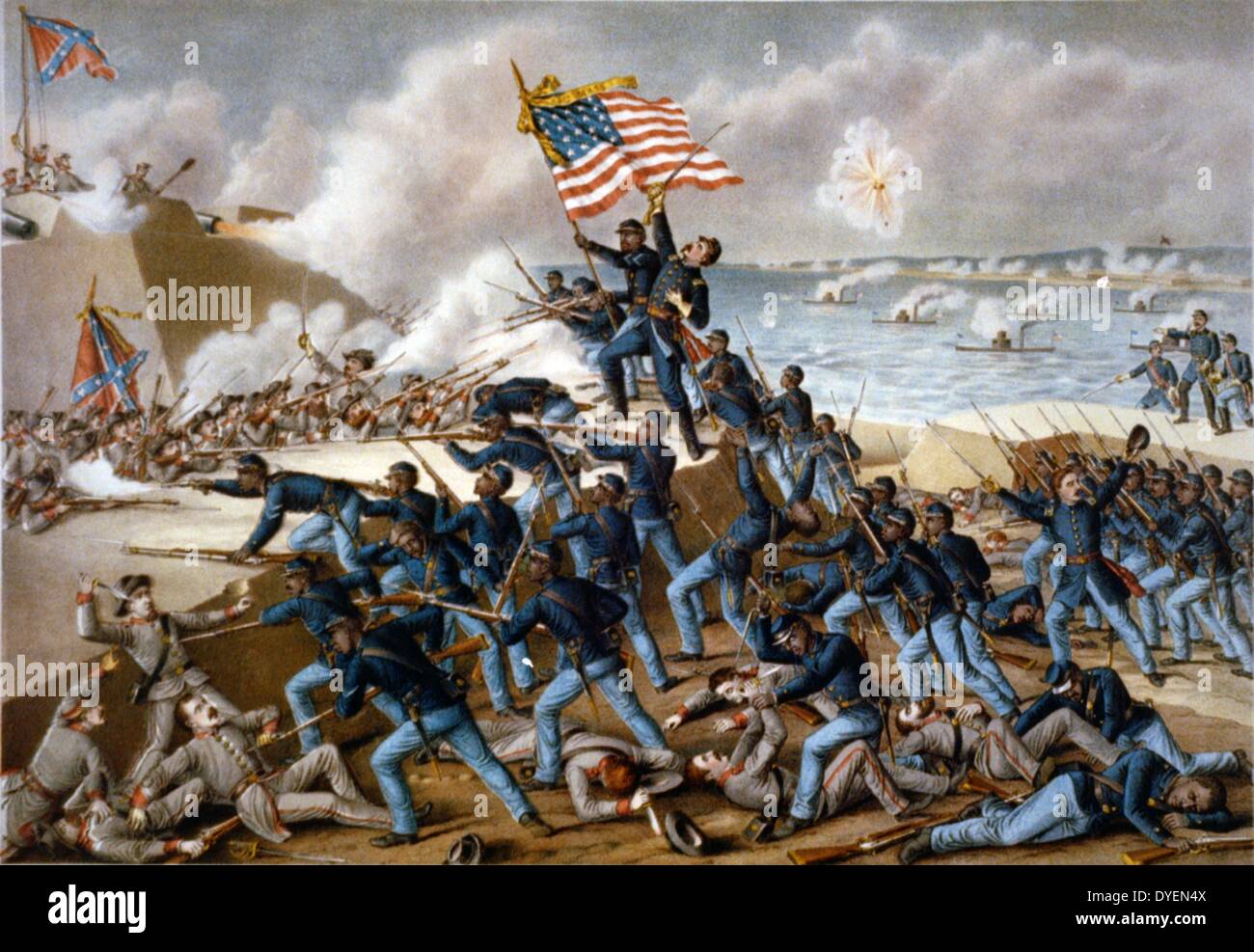 Storming Fort Wagner une illustration par Kurz & Allison. en date du 1890. chromolithographie montrant des soldats de l'Union d'assaut les murs de Fort Wagner sur Morris Island, Caroline du Sud, et l'engagement des soldats confédérés dans les combats corps à corps au cours de la guerre civile américaine Banque D'Images