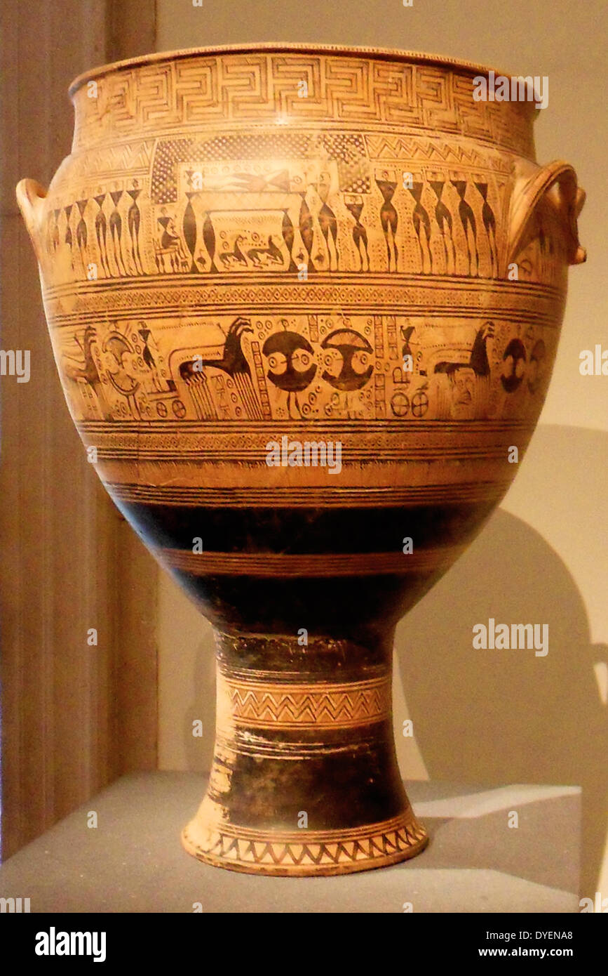 Grand vase en terre cuite (cratère), Grec, 725BC dépeint une scène de funérailles Banque D'Images