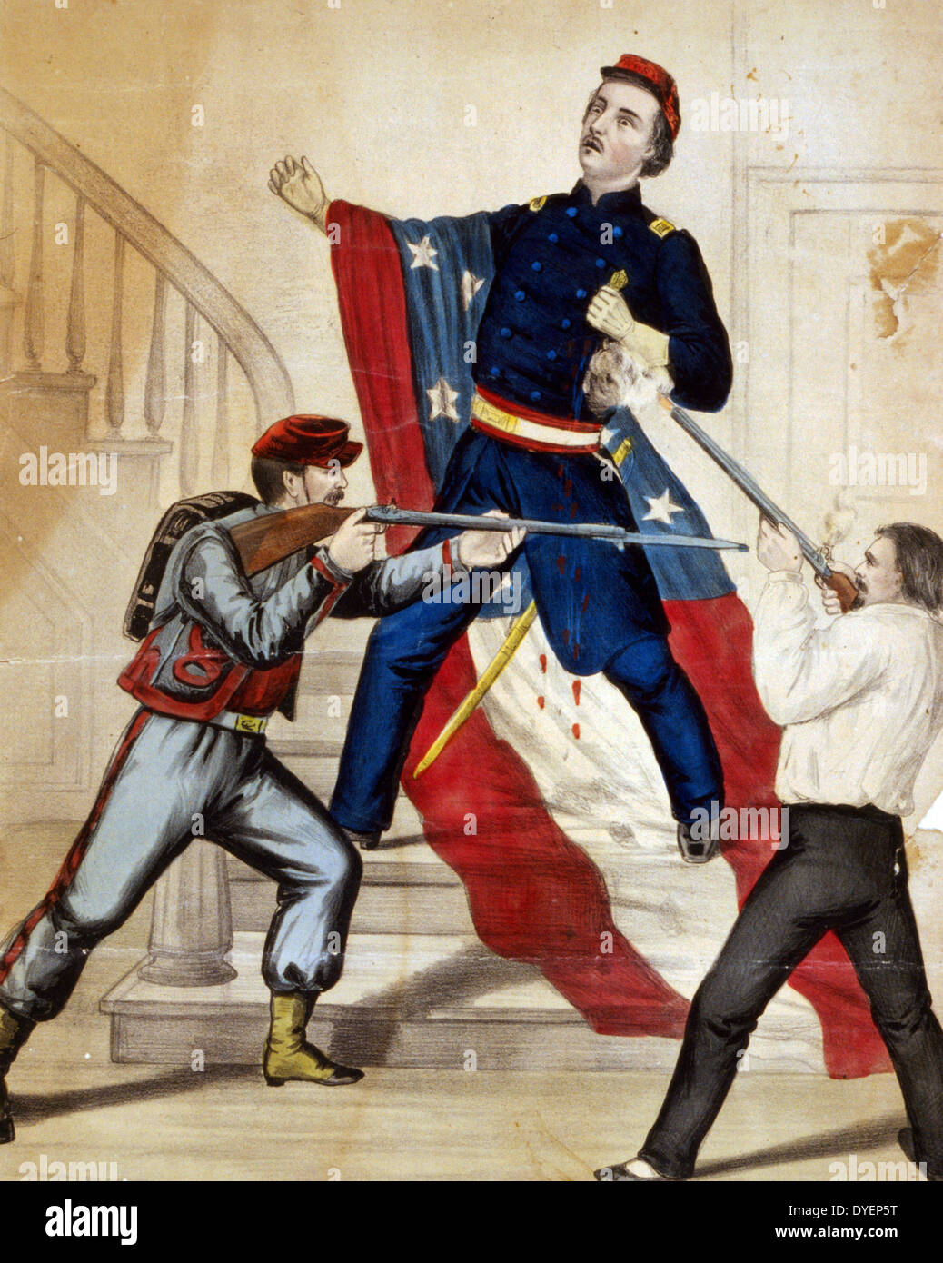 Décès du Colonel Ellsworth après le transport vers le bas le drapeau rebelle, à la prise d'Alexandrie, en Virginie, le 24 mai 1861, par Currier & Ives., le Colonel Ellsworth tourné comme il descend un escalier portant un drapeau par un sympathisant rebelle qui est confronté à un Zouave transportant un fusil avec baïonnette fixe. c1861. Banque D'Images