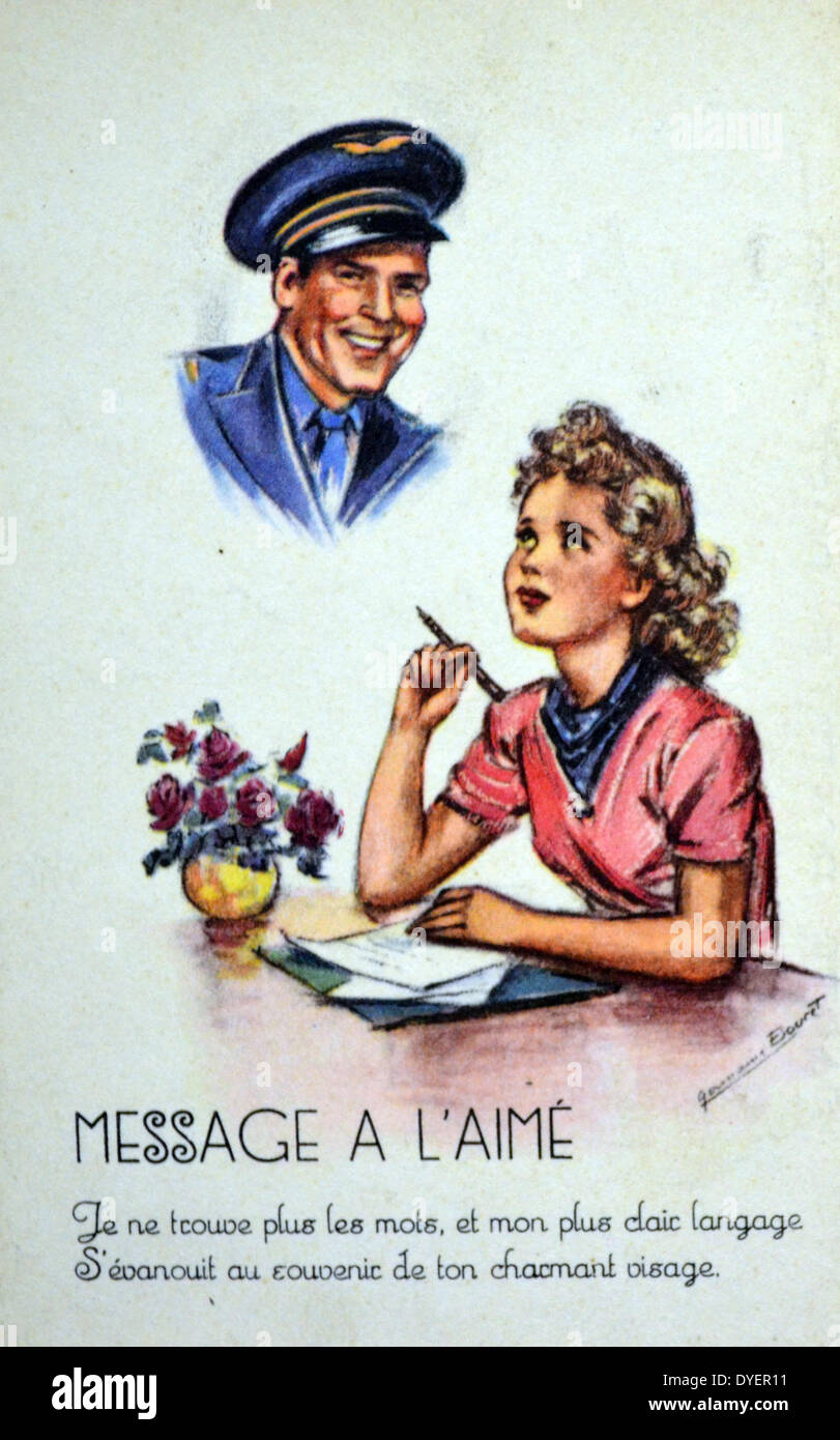 Seconde Guerre mondiale : carte postale française sentimentale pour les civils d'envoyer à leurs hommes en première ligne. Banque D'Images