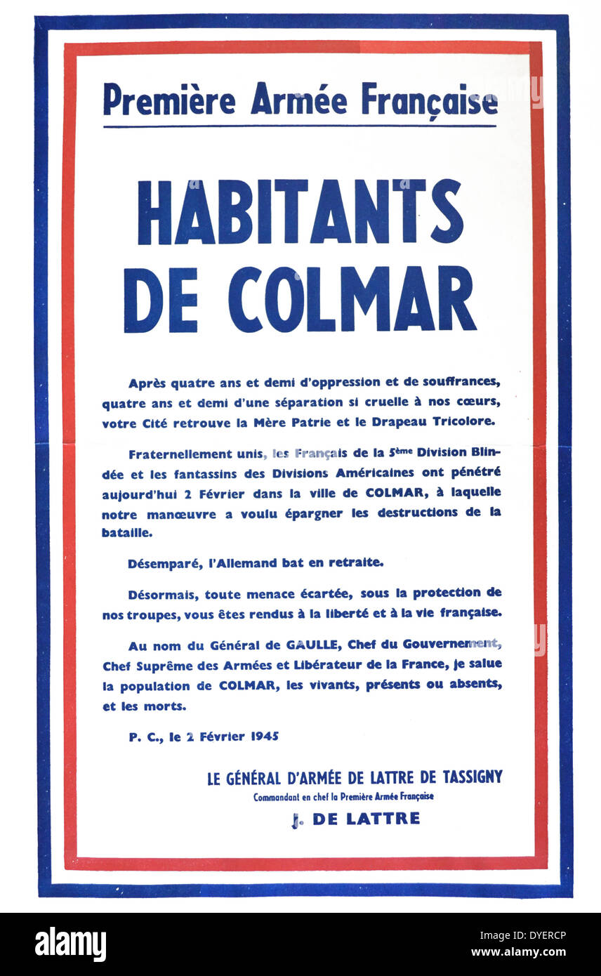 Annonce par le général de Tassigny aux citoyens de Colmar après leur libération de l'occupation allemande pendant la Seconde Guerre mondiale. Banque D'Images