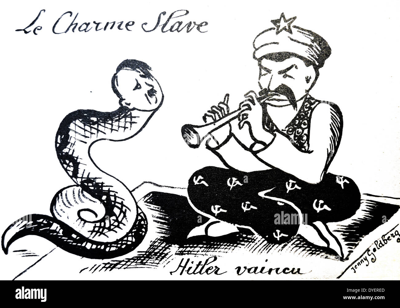 Seconde guerre mondiale : Caricature de Jenny Goldberg dépeignant Staline comme un charmeur de serpent Hitler séduisant Banque D'Images