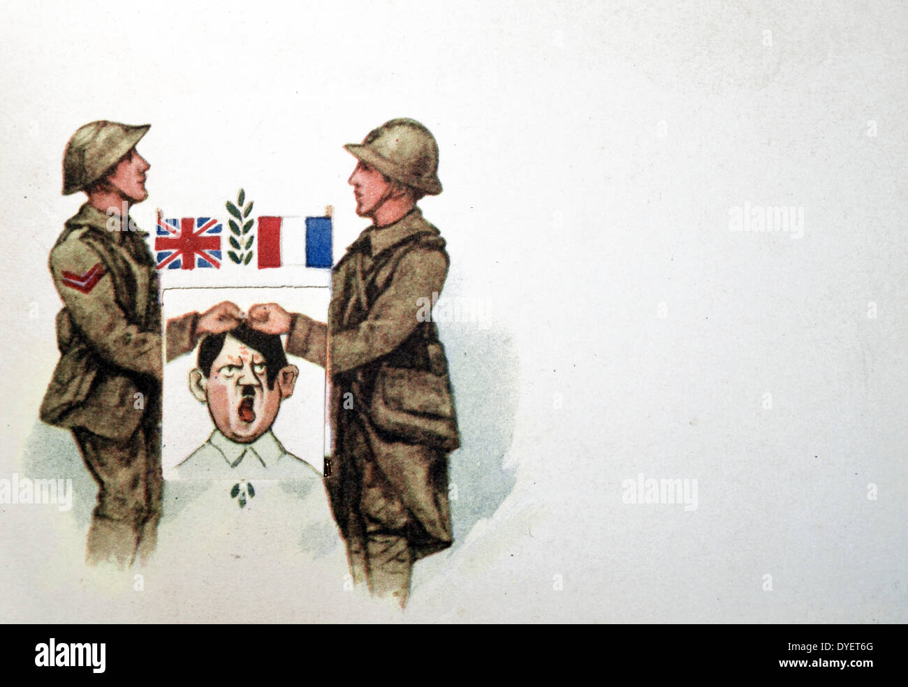 Le Français la seconde guerre mondiale carte postale avec l'encart déroulez onglet, montrant l'alliance militaire franco-anglaise, première poignée de mains et deuxièmement de frapper sur la tête d'Adolf Hitler Banque D'Images