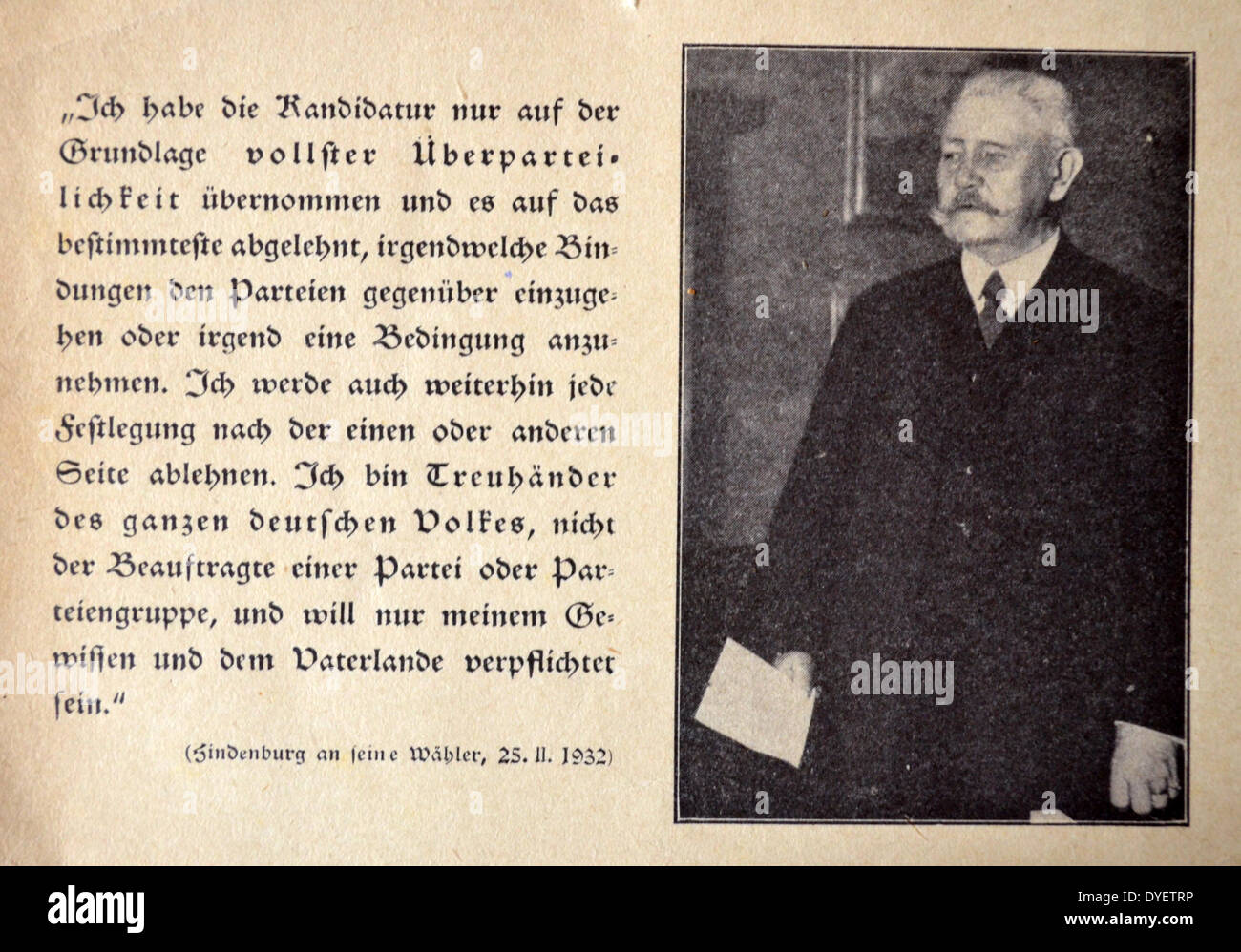Le président Paul von Hindenburg (1847 - 2 août 1934) Prussian-German maréchal, homme d'État et homme politique, et il a été le deuxième Président de l'Allemagne de 1925 à 1934. Banque D'Images