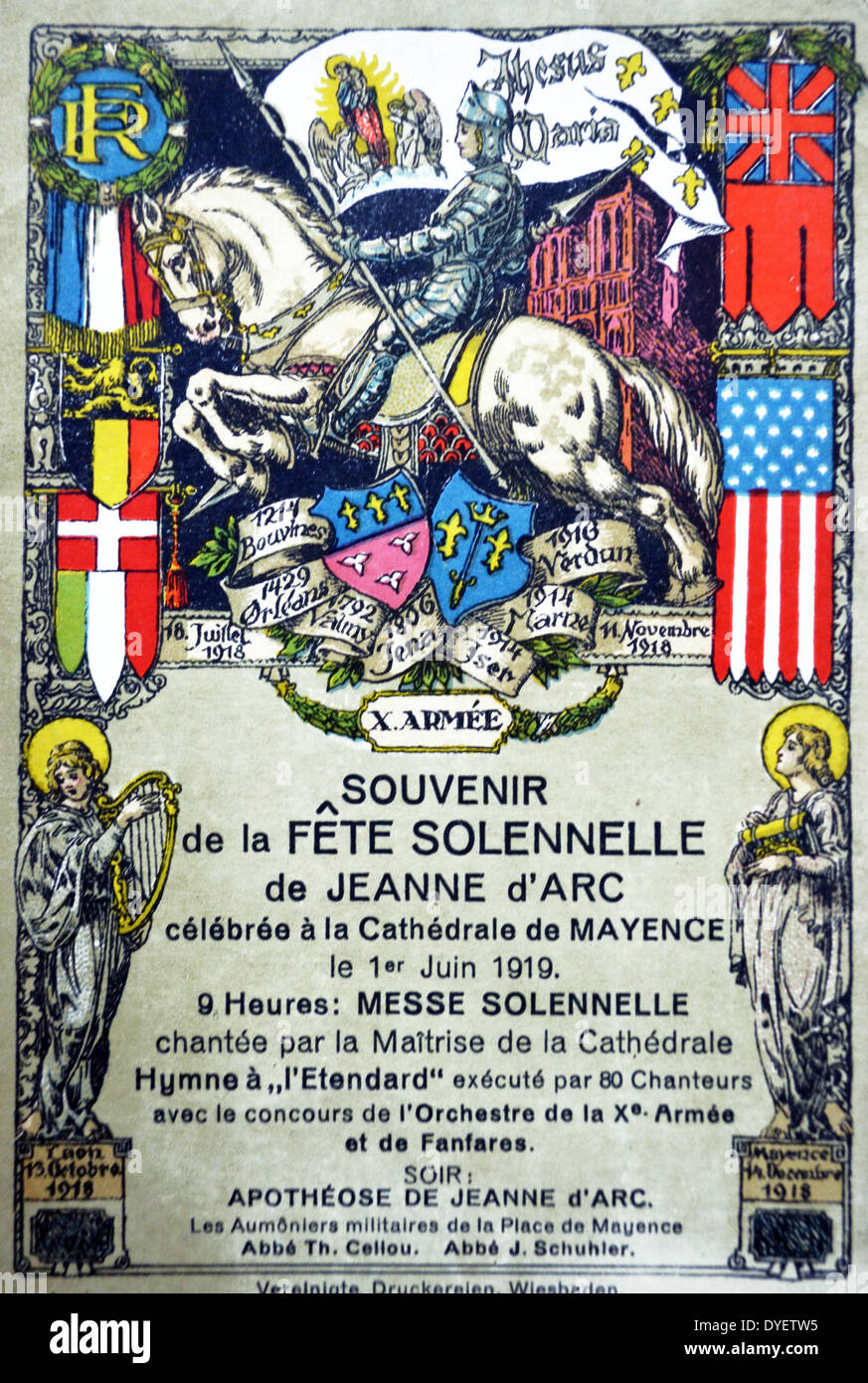 Carte postale souvenir marquant la commémoration de Jeanne d'Arc dans la Cathédrale de Mayence, en Allemagne par les forces françaises lors de l'occupation de la Ruhr et du Rhin régions. Banque D'Images