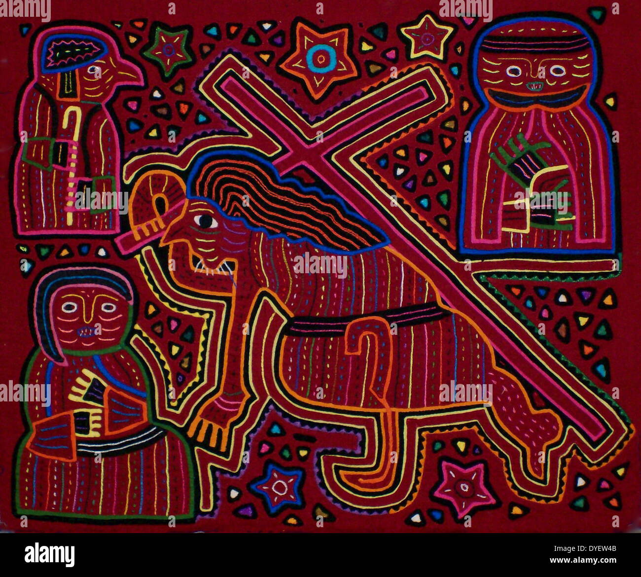 Mola Kuna par artiste textile indien, représentant une scène biblique. À partir de l'archipel des San Blas, Panama. Design appliques de marche arrière Banque D'Images