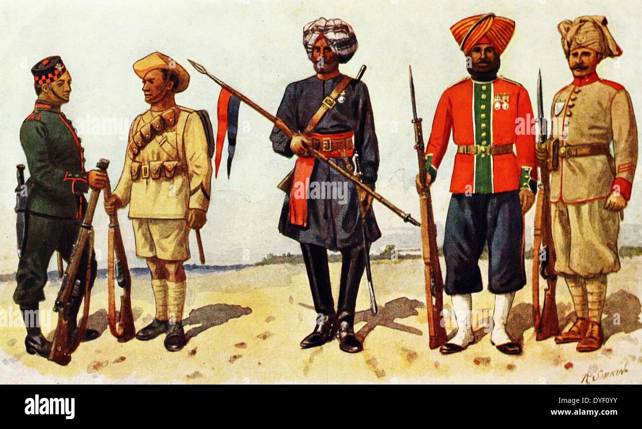 Image illustration montrant les différents types d'armée indienne. À l'époque de la Grande Guerre européenne. 5 uniformes différents montrant la vraie gamme de types. Par R. Simkin Banque D'Images