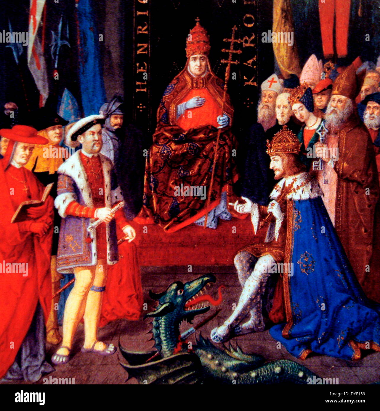 Peinture de Henry VIII avec Charles Quint et le Pape Léon X. Circa 1520. Huile sur toile. Artiste inconnu. Banque D'Images