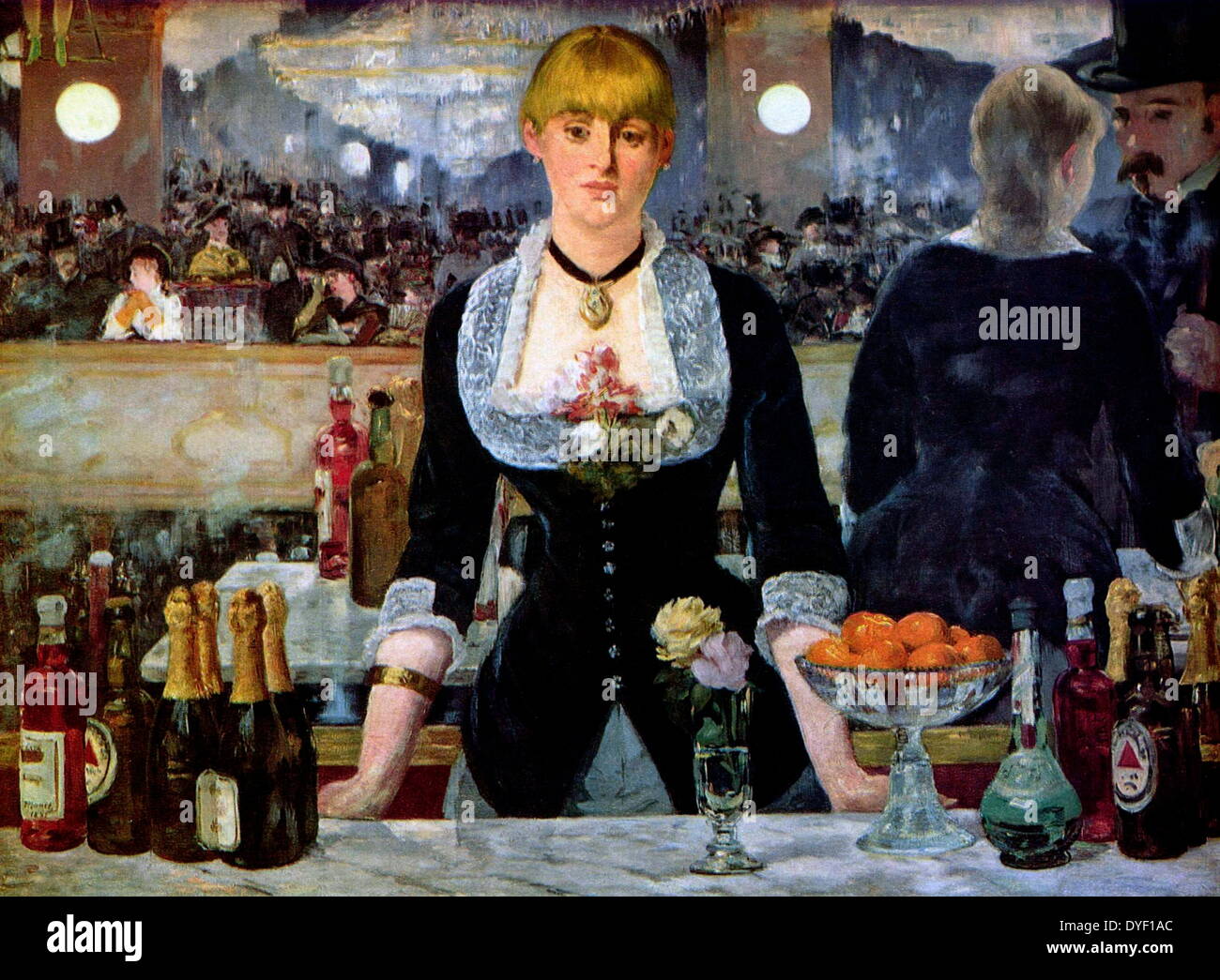 Un bar aux Folies-Bergère au (en français "Un bar aux Folies Bergère'), peint et expose au Salon de Paris en 1882. Il décrit une scène dans l'Folies Bergère de nuit à Paris et fut la dernière œuvre majeure de peintre français Édouard Manet. Banque D'Images