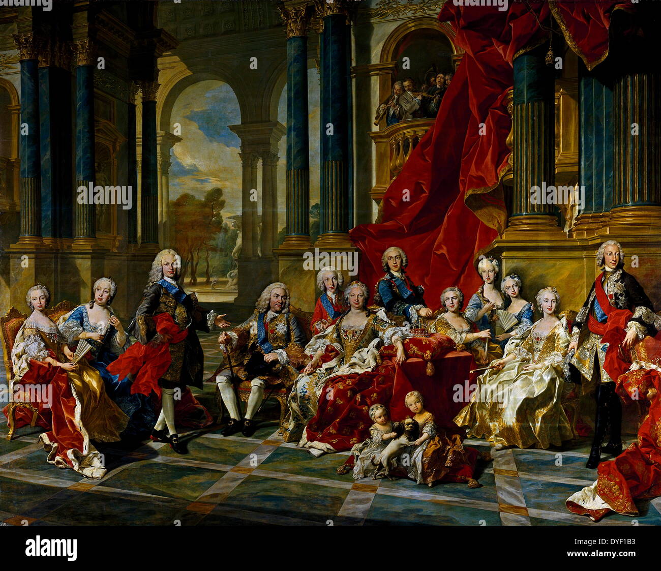 La famille de Felipe V par l'artiste français Louis Michel van Loo, achevée en 1743. Grandeur nature avec les représentations de Philippe V d'Espagne et de sa famille. Huile sur toile. Banque D'Images