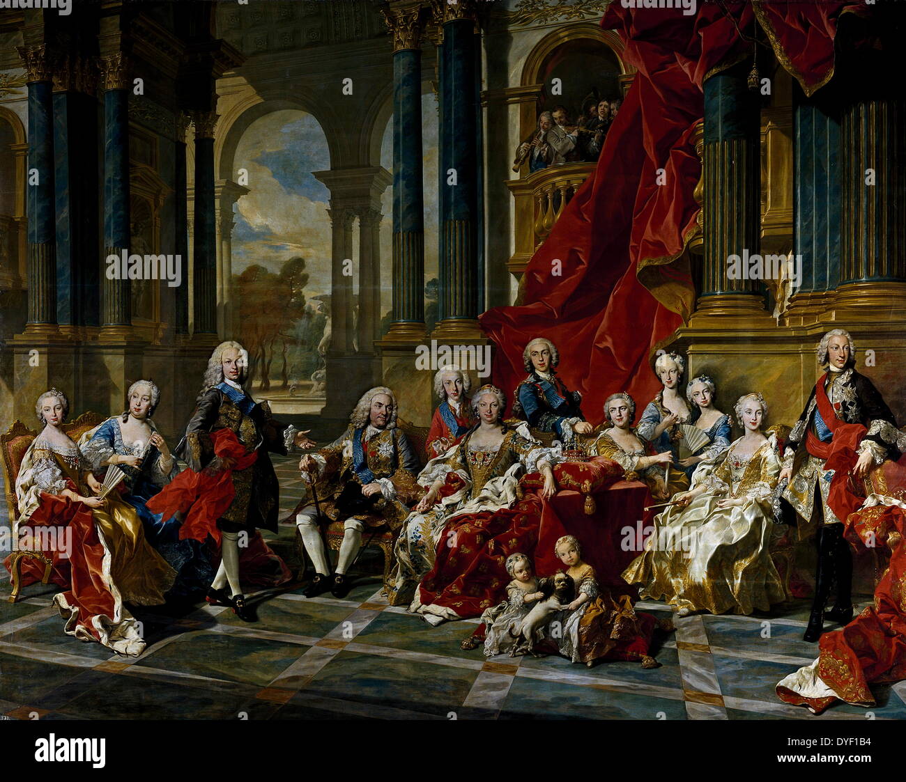 La famille de Felipe V par l'artiste français Louis Michel van Loo, achevée en 1743. Grandeur nature avec les représentations de Philippe V d'Espagne et de sa famille. Huile sur toile. Banque D'Images