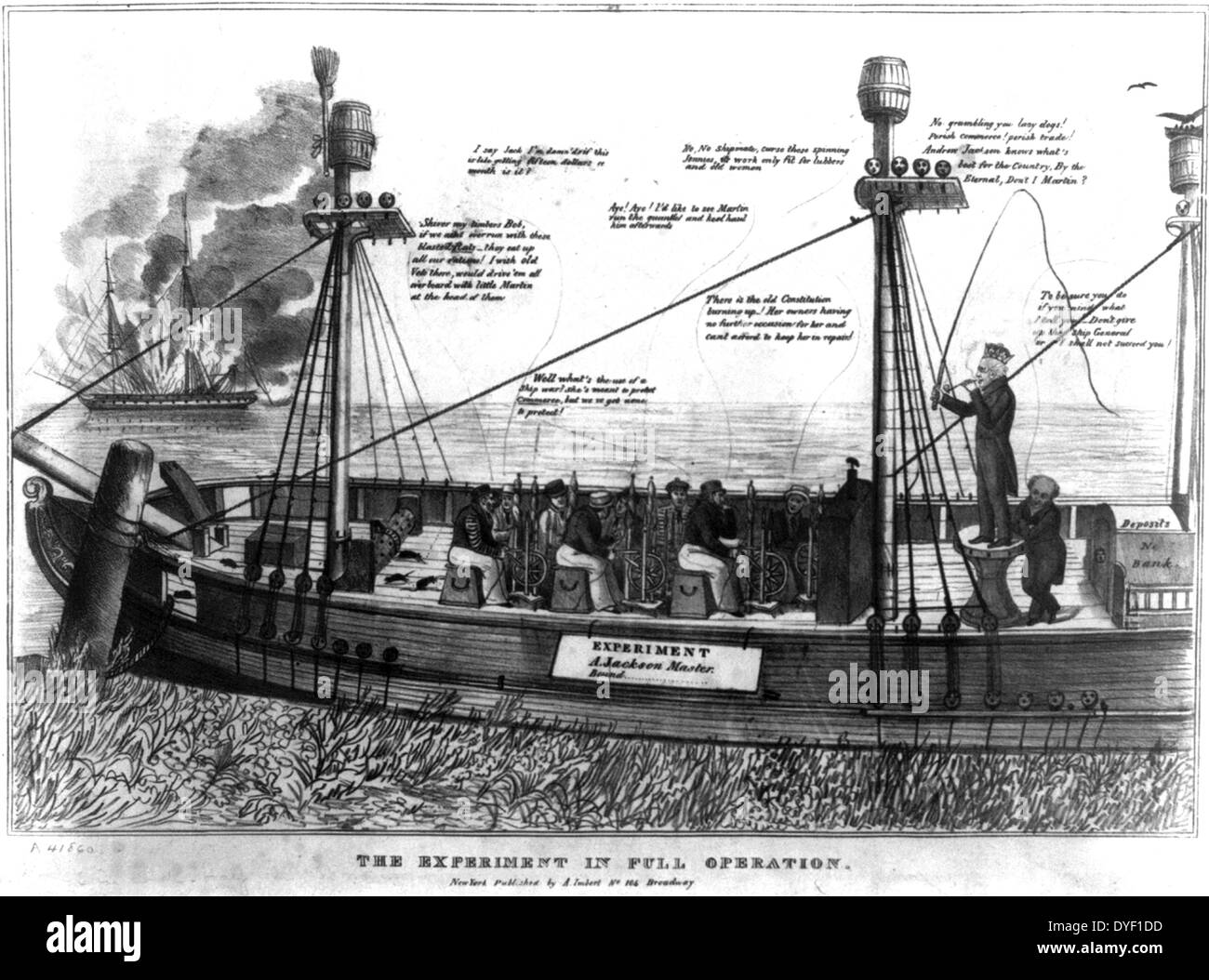 L'expérience en pleine opération. La satire de caricature politique Président Jackson politique du trésor fédéral et vice-président Van Buren's influence sur le programme budgétaire de l'administration. La caricature prend un point de vue très anti-Jackson et imagine de lui comme maître des esclaves d'un navire destiné à couler. Lithographie sur papier vélin. Circa 1833. Banque D'Images