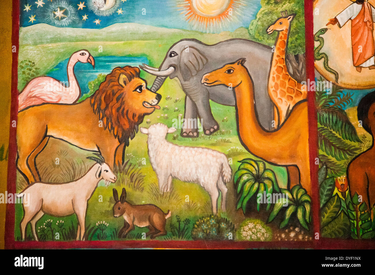 L'Arche de Noé Peintures naïves (style éthiopien) d'histoires bibliques dans une église de kalacha Kenya Banque D'Images