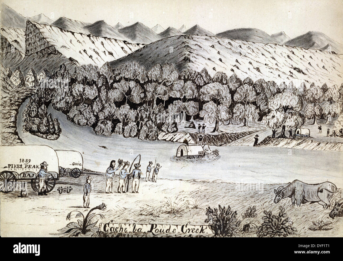 La Poudre de Cache Creek par Daniel Jenks, 1827-1869, l'artiste : 1859. Dessin montre un chariot couvert, étiqueté "mauvais", conduit par deux ox traversant une rivière dans les montagnes. De l'autre côté de la rivière sont deux hommes par un incendie, d'un wagon couvert, et les hommes debout et montrant le chariot au milieu de la rivière. Sur la zone littorale, les hommes debout à côté dételé les wagons, l'un portant la mention "Ohio", l'autre, '1859 4610.' Un boeuf broute en bas à droite. Ce flux est situé près de l'actuelle ville de Ft. Collins, Colorado. Jenks sont arrivés au camp 52 le lundi 30 mai 1859. Banque D'Images