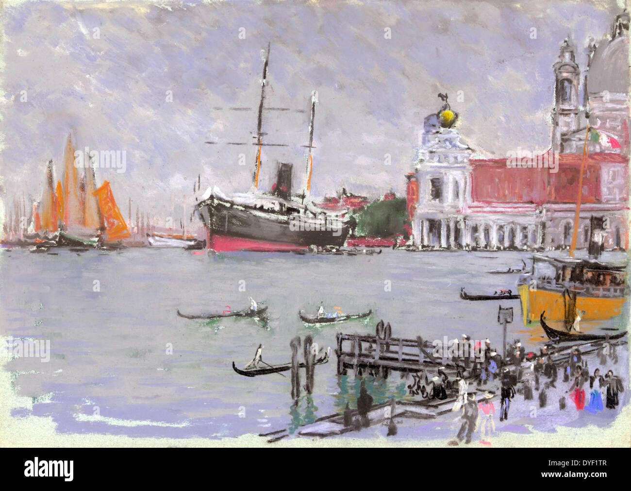 Jetée d'excursion par Joseph Pennell, 1857-1926, l'artiste en 1908. L'Italie, Venise. Comme décrit dans Wuerth, 'journée grise sur le Canal, excursion pier en premier plan, voiliers et grand bateau à vapeur de l'autre côté, la Maison de la douane et une partie de l'Hommage à droite. Les couleurs, gris, vert, noir, rose, marron, rouge, jaune, rose et blanc, sur papier gris bleuté.' Banque D'Images