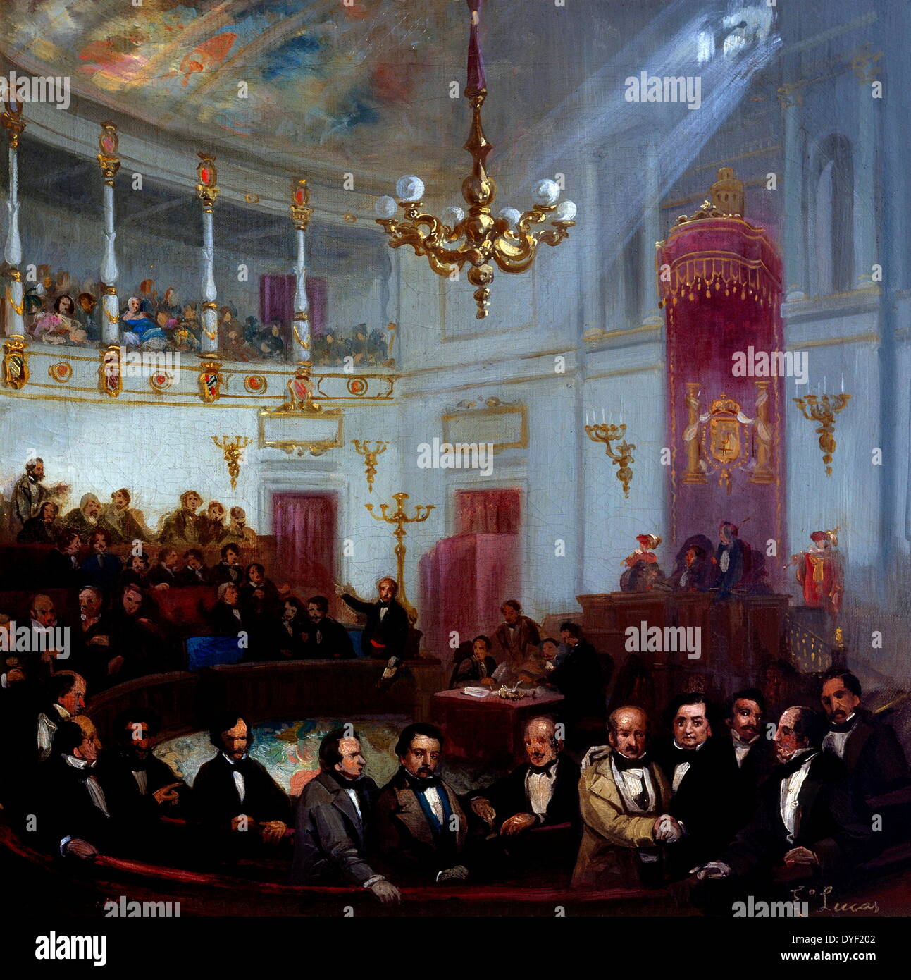 La scène parlementaire dans la salle de l'Assemblée ou de la 'Scène' Cortes, par Eugenio Lucas Velázquez. Huile sur toile vers le milieu du xixe siècle. Montrant le Congrès espagnol des députés qui est la chambre basse des Cortes Generales. Banque D'Images