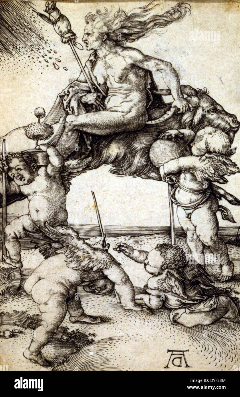 Équitation sorcière l'arrière sur une chèvre accompagnée de quatre putti. Albrecht Dürer, 1471-1528, l'artiste ca. 1505 Banque D'Images