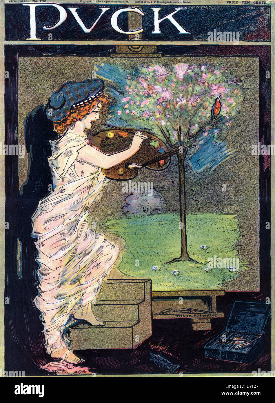 Mlle printemps, artiste par Frank A. Nankivell, 1869-1959, l'artiste 1911. L'illustration montre le ressort comme une femme artiste enveloppés dans un matériau diaphanes, peindre un arbre avec des fleurs et un oiseau sur une grande toile. Banque D'Images