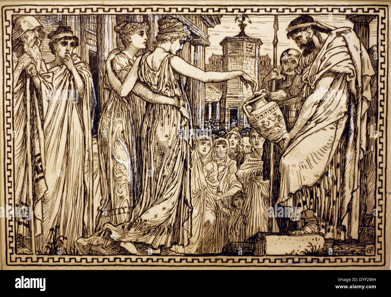 Les jeunes filles grecques de tirage au sort par Walter Crane. Dessin, plume et encre (à blanc) sur le processus de l'artiste et de sélection. Vers 1910. Décrit un incident de la vie du roi de Sparte, Cleomenes III. Banque D'Images