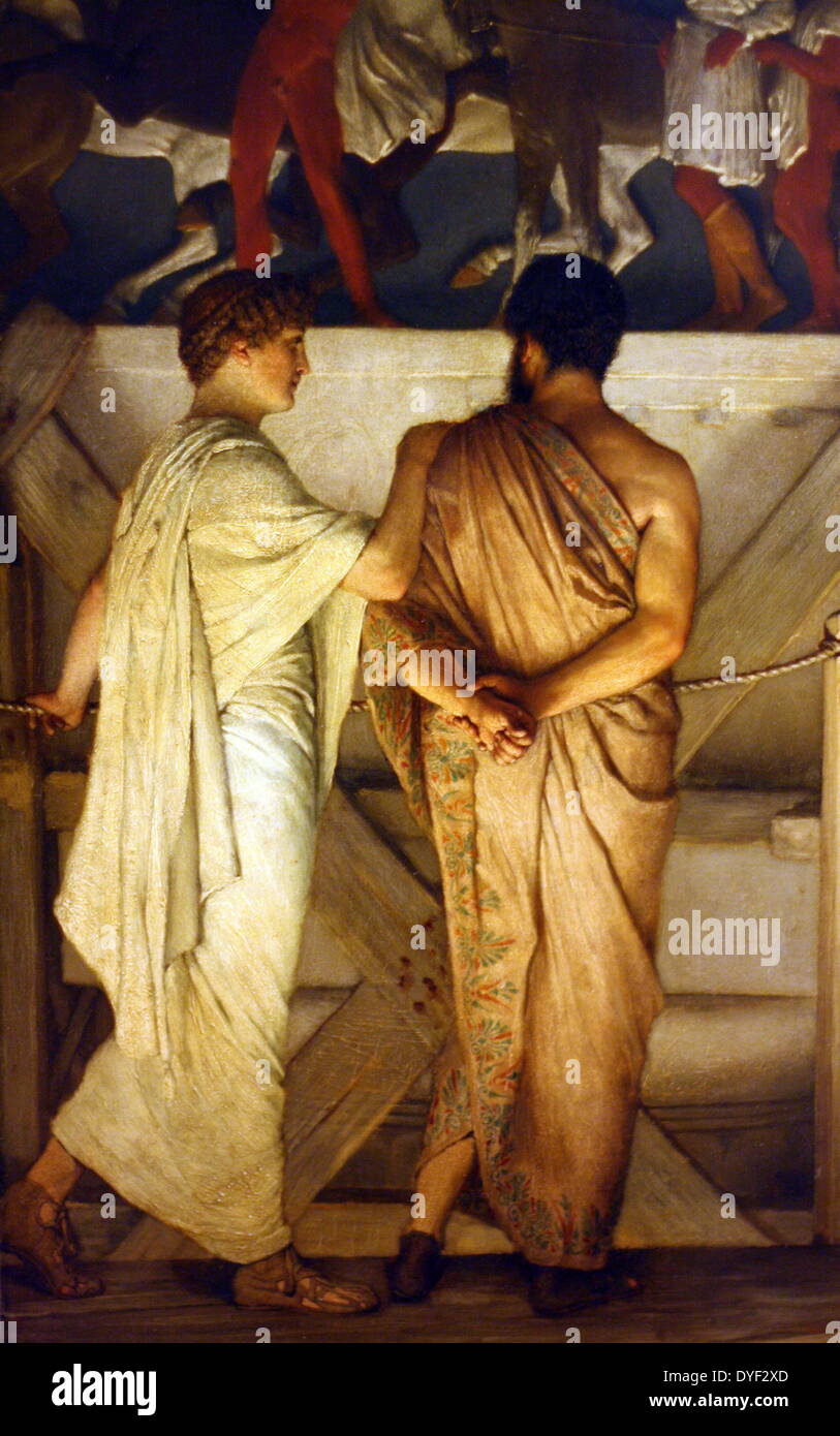 À partir de détails 'Pheidias et la frise du Parthénon' par Lawrence Alma-Tadema vers 1868. Huile sur bois. Imaginer une scène peinte 430s BC à Athènes, quand le sculpteur Pheidias aurait d'abord révélé son travail sur la Frise dans le temple du Parthénon. Il affirme l'idée que la Frise originale aurait eu surface peinte décoration. Cette peinture montre presque Alma-Tademas style photo réaliste, et l'incroyable maîtrise de la perspective. Alma-Tadema vécu entre 1836-1912. Banque D'Images À partir de détails 'Pheidias et la frise du Parthénon' par Lawrence Alma-Tadema vers 1868. Huile sur bois. Imaginer une scène peinte 430s BC à Athènes, quand le sculpteur Pheidias aurait d'abord révélé son travail sur la Frise dans le temple du Parthénon. Il affirme l'idée que la Frise originale aurait eu surface peinte décoration. Cette peinture montre presque Alma-Tademas style photo réaliste, et l'incroyable maîtrise de la perspective. Alma-Tadema vécu entre 1836-1912. Banque D'Images