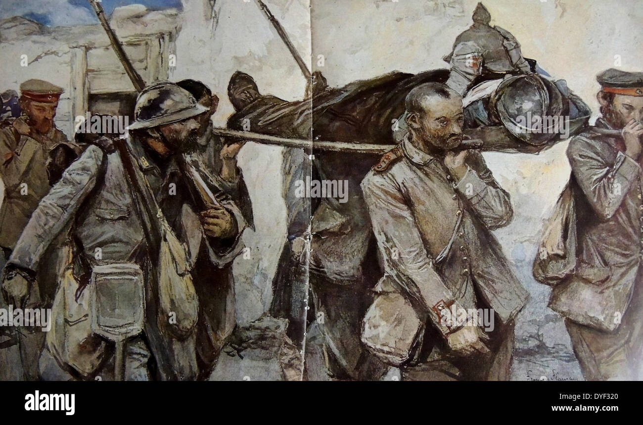 Le Triomphateur' 28 septembre 1915. Soldats français portent un camarade blessé par une tranchée. Banque D'Images
