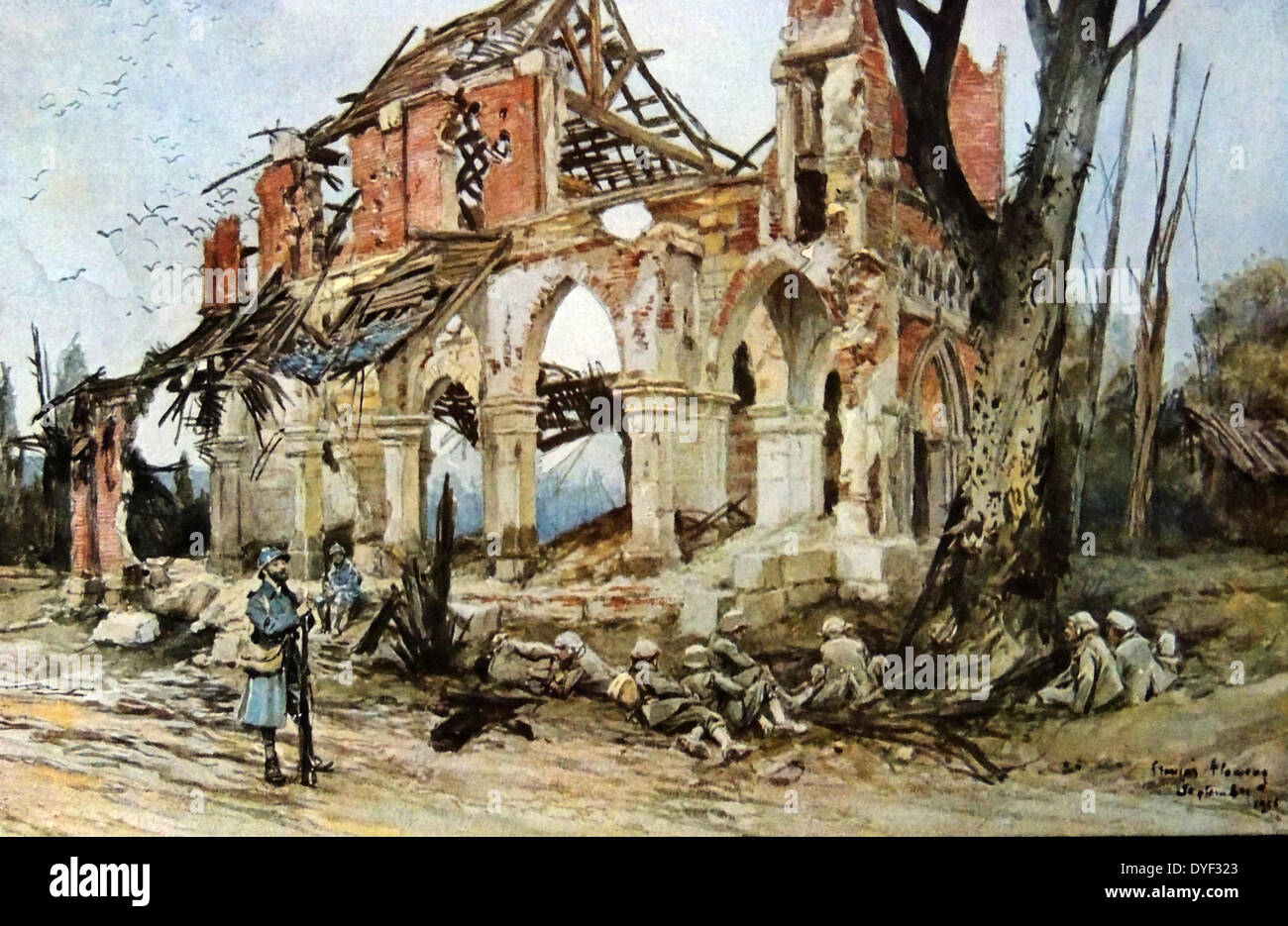 La première guerre mondiale, les ruines de l'église de Frise, bataille de la Somme. Banque D'Images