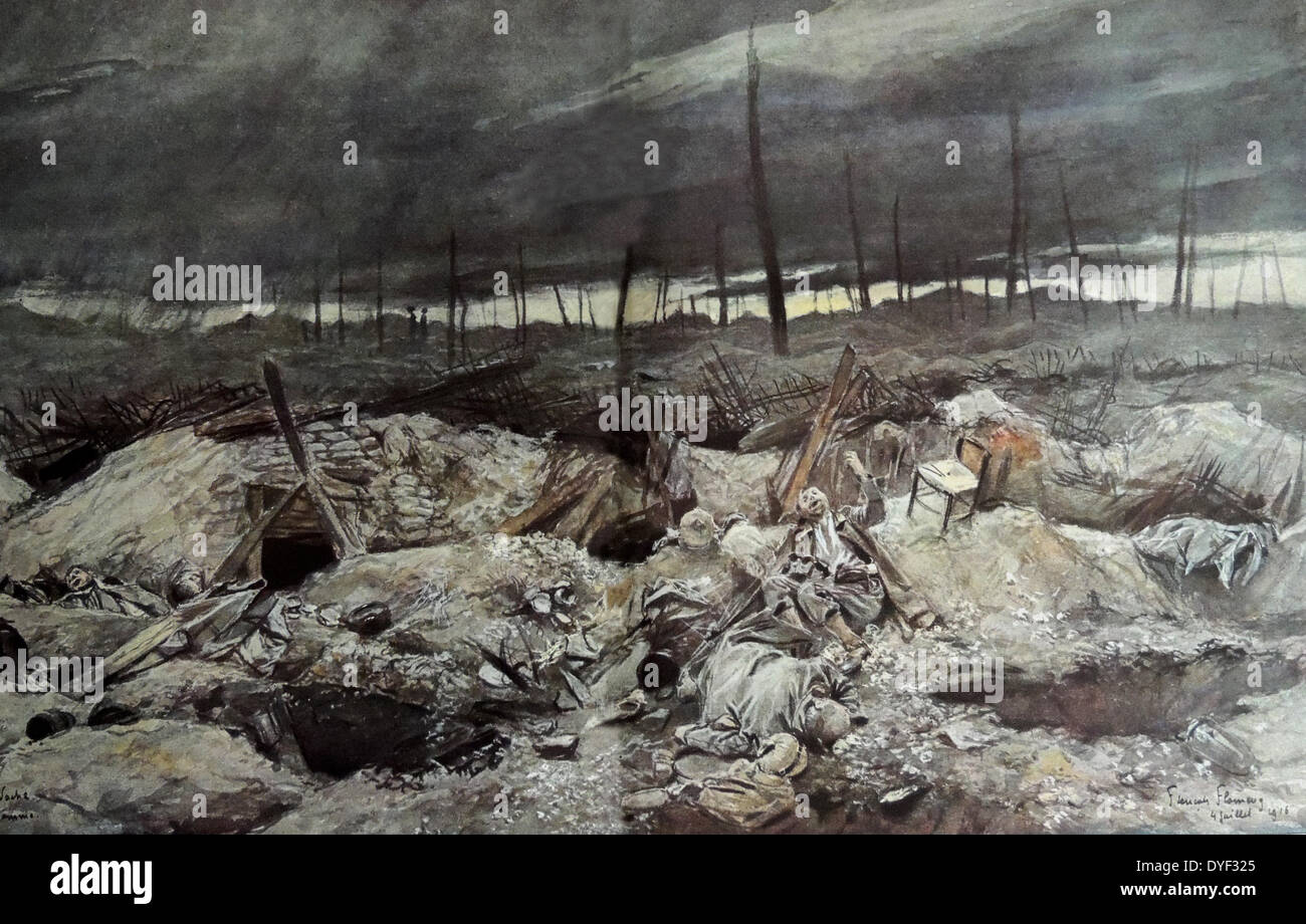 Les tranchées allemandes en première ligne avant une forêt. Bataille de la Somme 1916 par Francois Flameng, artiste de guerre Banque D'Images