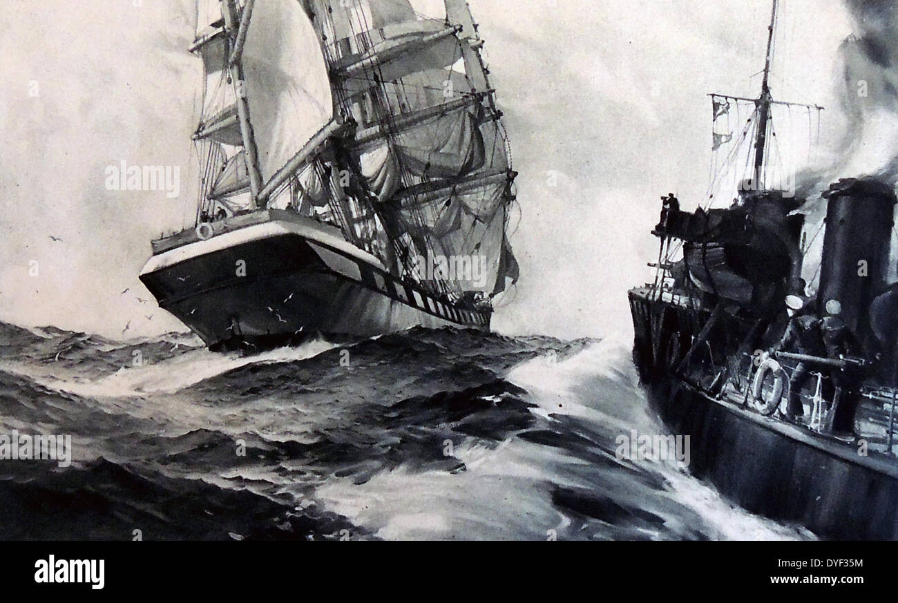 Navire de la marine royale britannique d'arrêter un navire neutre pour contrôler la contrebande de matériel lors de la première guerre mondiale, 1916 Banque D'Images