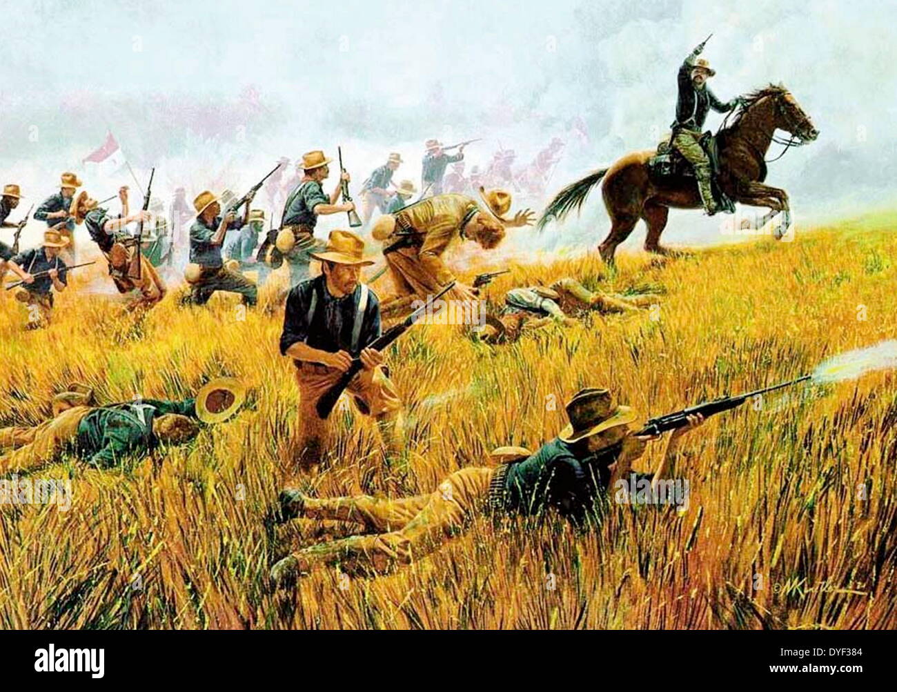 Portrait de 1898 Rough Riders. Un portrait de Rough Riders US en action à Cuba. Rough Riders est le nom donné à la 1ère Cavalerie volontaire des États-Unis pendant la guerre hispano-américaine.