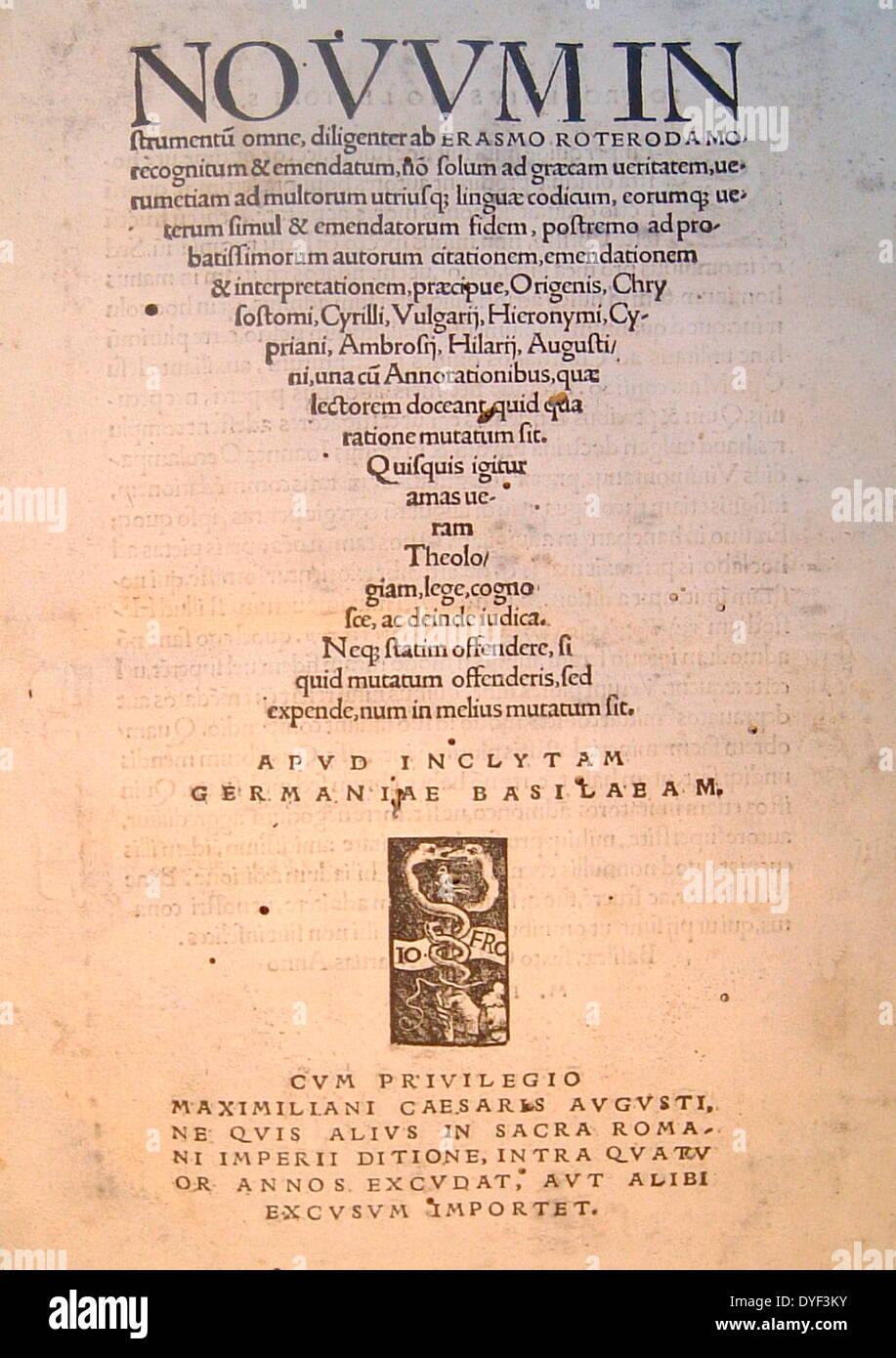 Le latin et le Nouveau Testament Grec 1516. Première édition oeuvre dédiée au Pape Léon X. Frobern Johann Banque D'Images