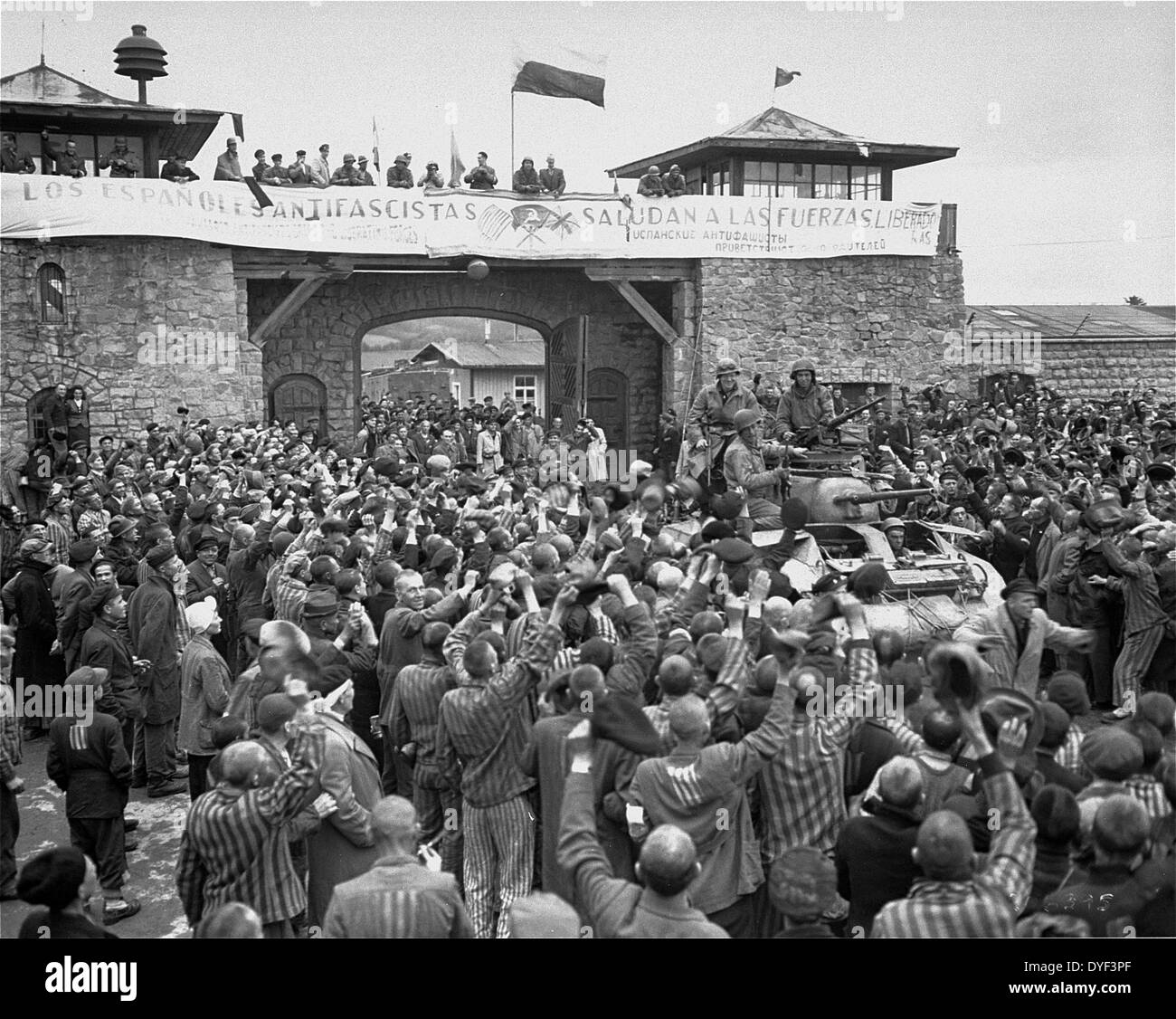 Des survivants de Mauthausen acclamer les soldats de la 11e Division blindée de l'armée américaine de la troisième. Banque D'Images