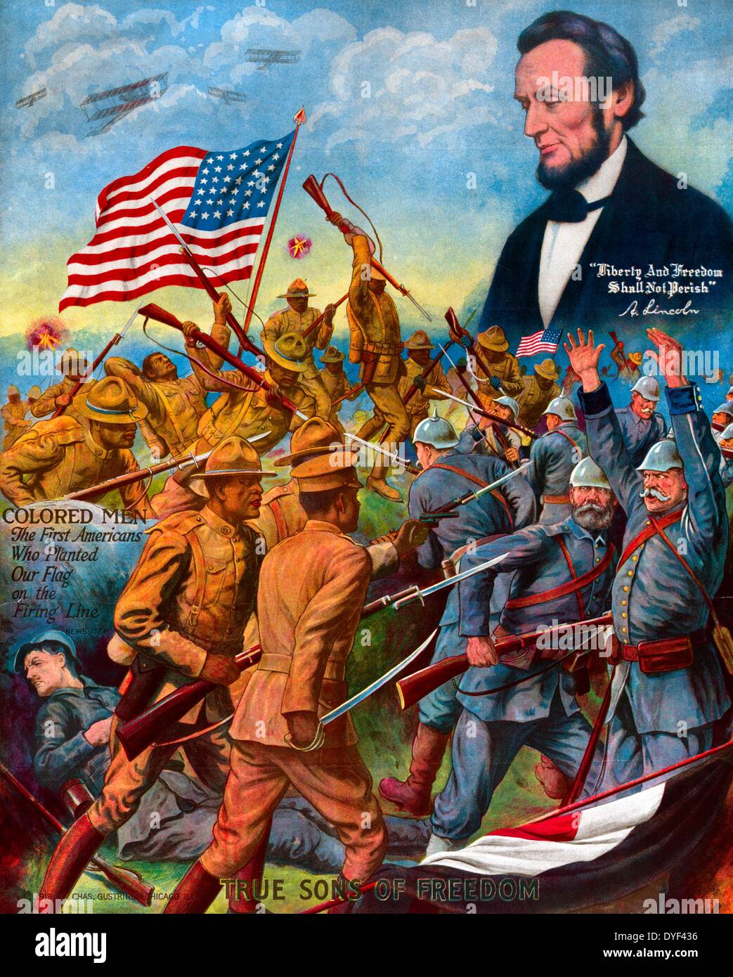 Vrai fils de la liberté 1918. African American soldats combattant les soldats allemands dans la Première Guerre mondiale Le président Abraham Lincoln peut être vu au-dessus des soldats. Gustrine Chas. Banque D'Images