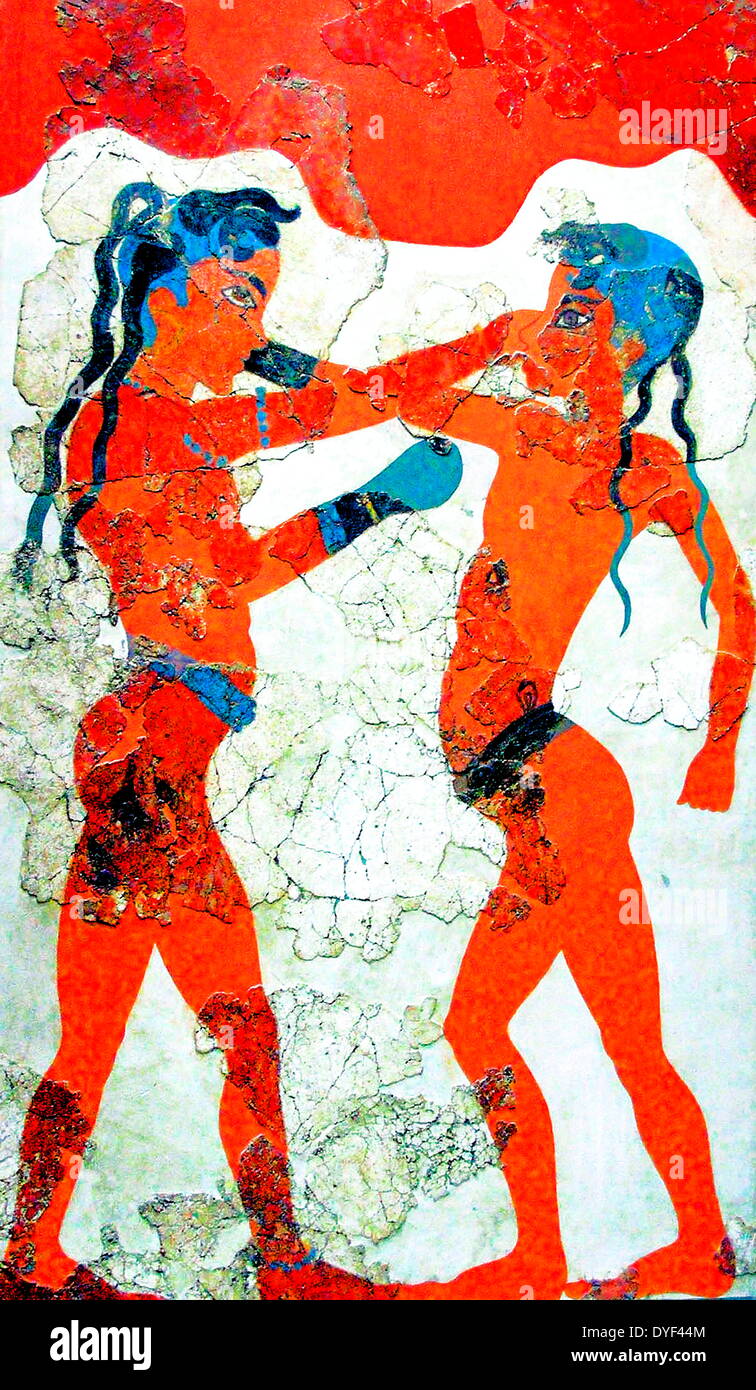 Enfants boxeurs minoen. Art en plein air dans la région de Akrotiri. Archéologique ancien et important sur l'île grecque de Santorin. Représente deux garçons lutte dans un match de boxe. Vers 3ème-2ème siècle avant JC. Banque D'Images
