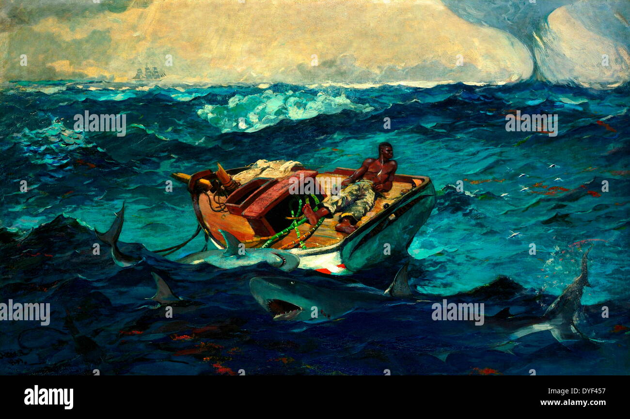 Le Gulf Stream par Winslow Homer. Montrant un bateau de pêche sans  gouvernail avec un homme en elle, luttant contre les vagues de la mer.  Huile sur toile, vers 1899 Photo Stock -