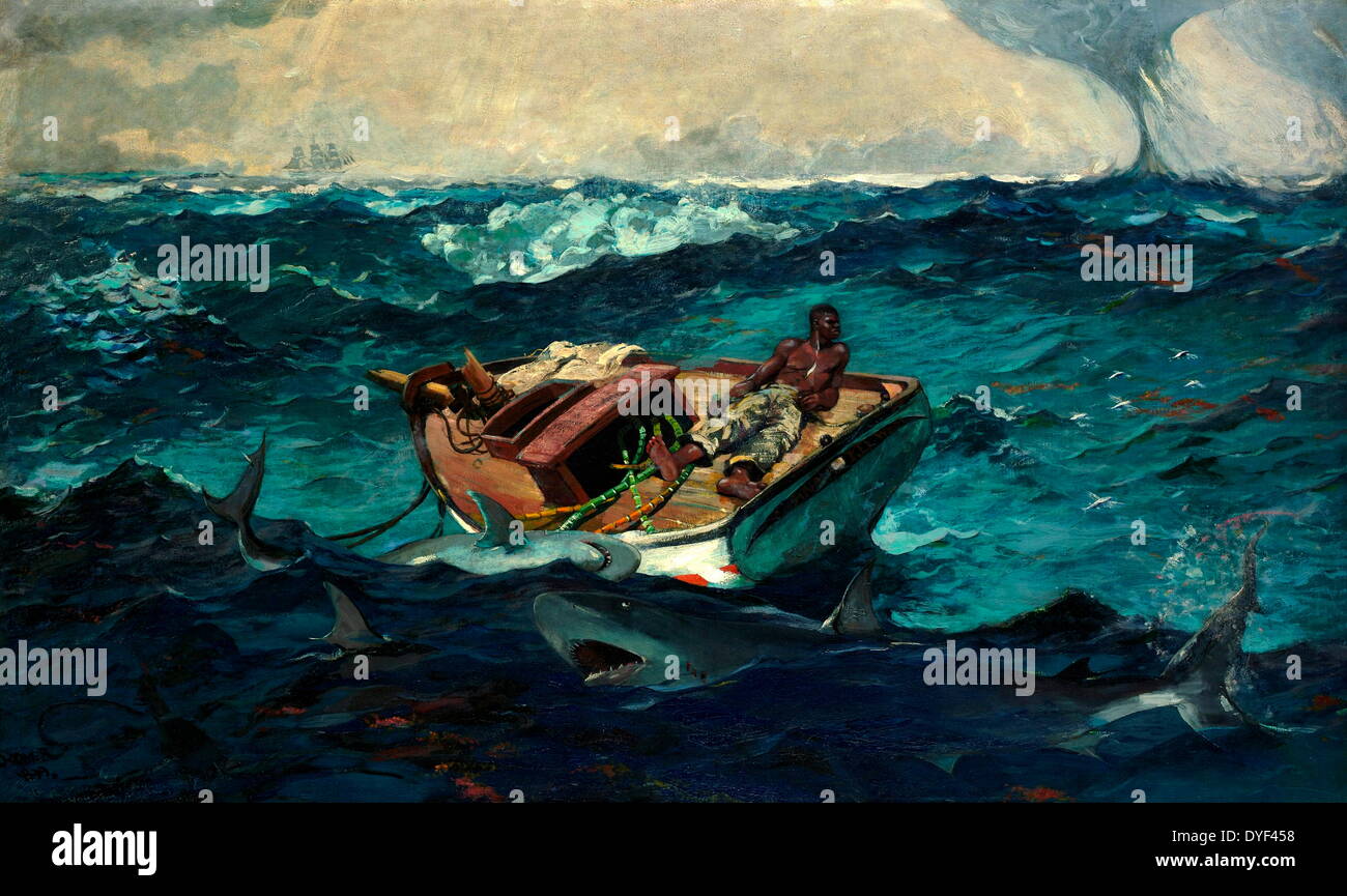 Le Gulf Stream par Winslow Homer. Montrant un bateau de pêche sans gouvernail avec un homme en elle, luttant contre les vagues de la mer. Huile sur toile, vers 1899. Banque D'Images