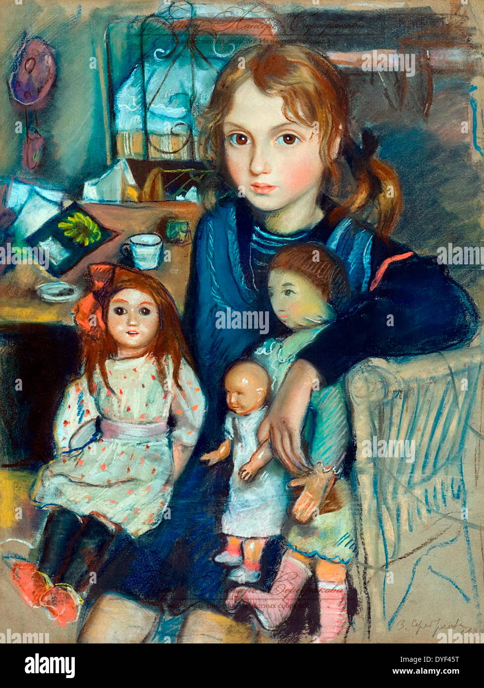 Katya par artiste russe Zinaida Serebriakova. Vécu entre 1884-1967. Zinaida a été parmi les premières femmes artistes russes d'obtenir la reconnaissance. L'image montre une représentation d'une jeune fille et ses poupées. Banque D'Images