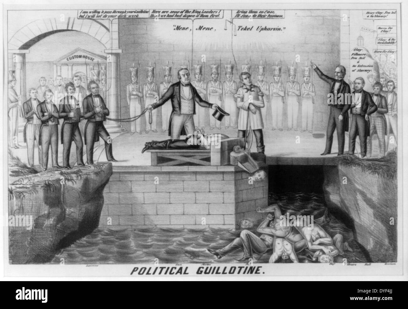 Guillotine politique 1850. Une satire cryptique de critique Lewis Cass et président sortant James K. Polk. Henry R. Robinson Banque D'Images