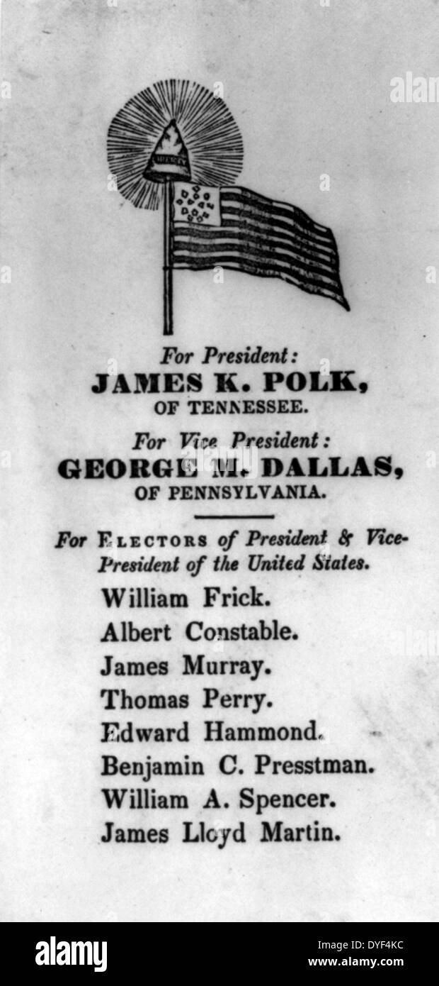 L'élection démocratique de la campagne présidentielle de 1844 Billets 1844. Pour le président James Polk K. et vice-président George M. Dallas. Banque D'Images