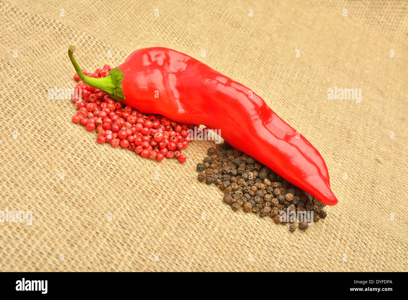 Red hot chili pepper sur le sac de jute jute Banque D'Images